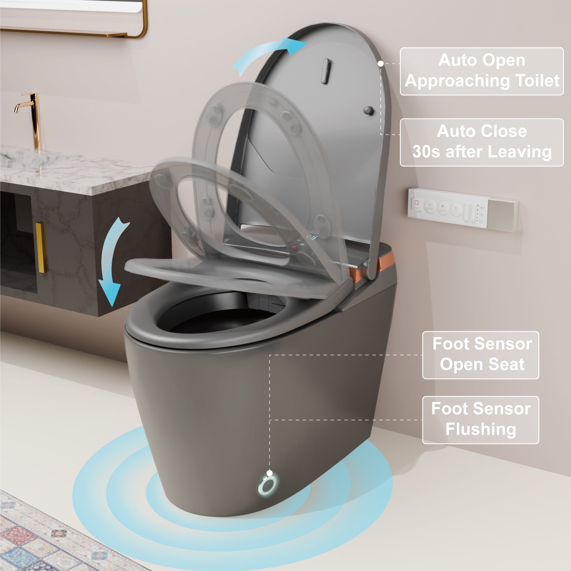 Unikoo Smart Toilet - Auto Open/Close, One Piece Elongated Design, LED Display ADA Compliant Comfort Height Toilet, Foot Sensor Flush, Auto Flush System, Heated Seat, Night Light for Modern Bathroom