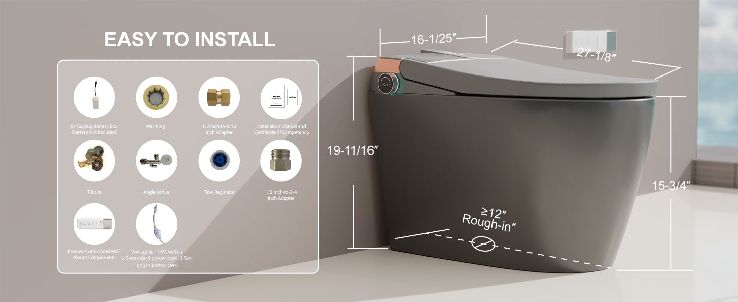 Unikoo Smart Toilet - Auto Open/Close, One Piece Elongated Design, LED Display ADA Compliant Comfort Height Toilet, Foot Sensor Flush, Auto Flush System, Heated Seat, Night Light for Modern Bathroom