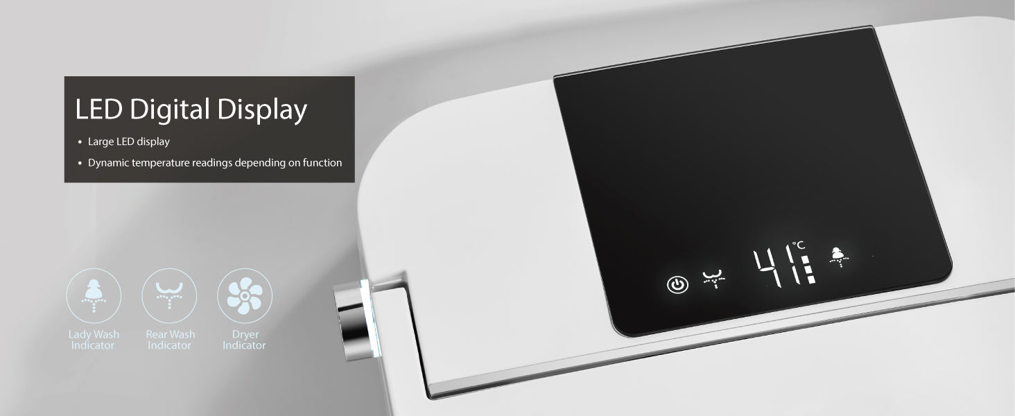 Unikoo Smart Toilet - Auto Open/Close, One Piece Elongated Design, LED Display ADA Compliant Comfort Height Toilet, Foot Sensor Flush, Auto Flush System, Heated Seat, Night Light for Modern Bathroom