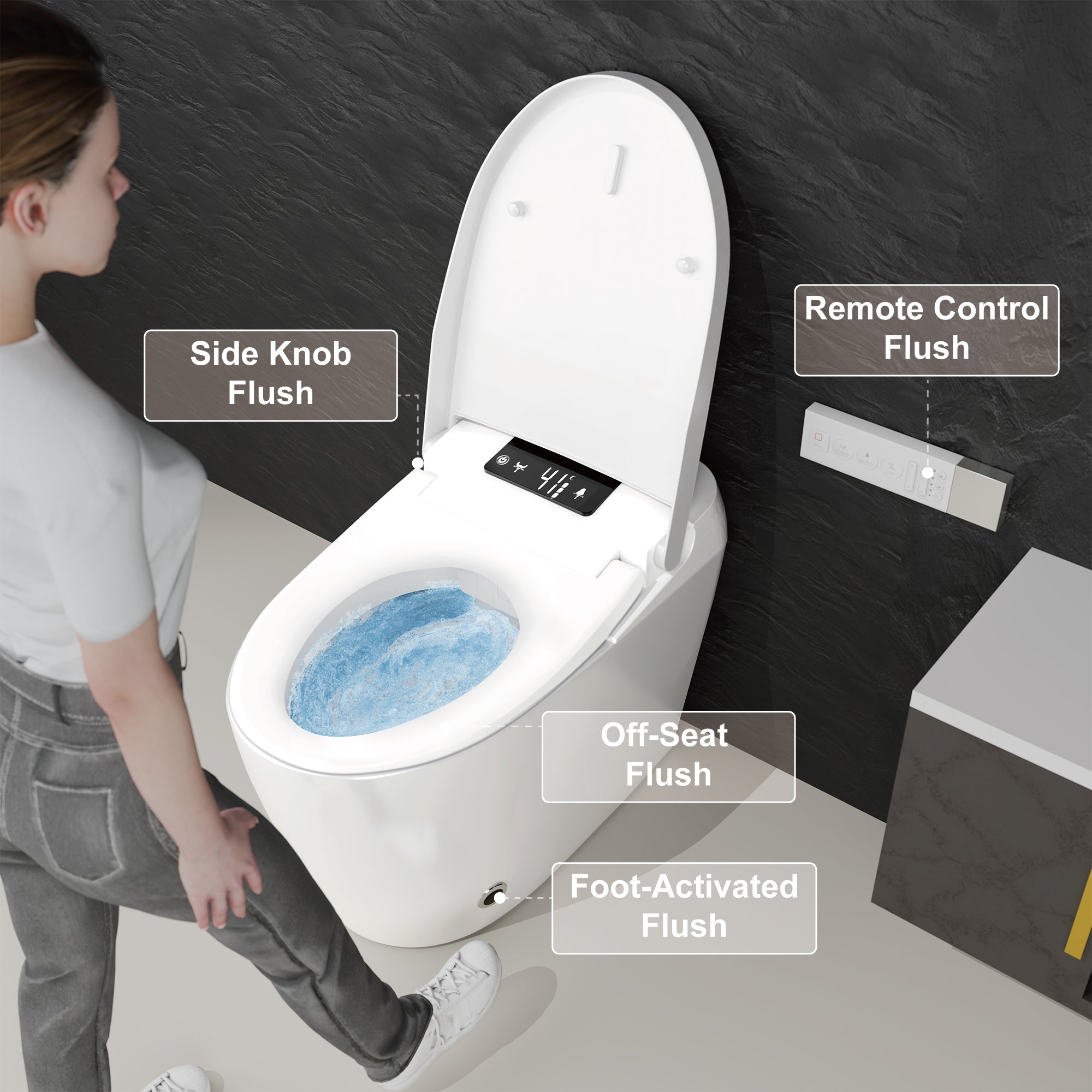 Unikoo Smart Toilet - Auto Open/Close, One Piece Elongated Design, LED Display ADA Compliant Comfort Height Toilet, Foot Sensor Flush, Auto Flush System, Heated Seat, Night Light for Modern Bathroom