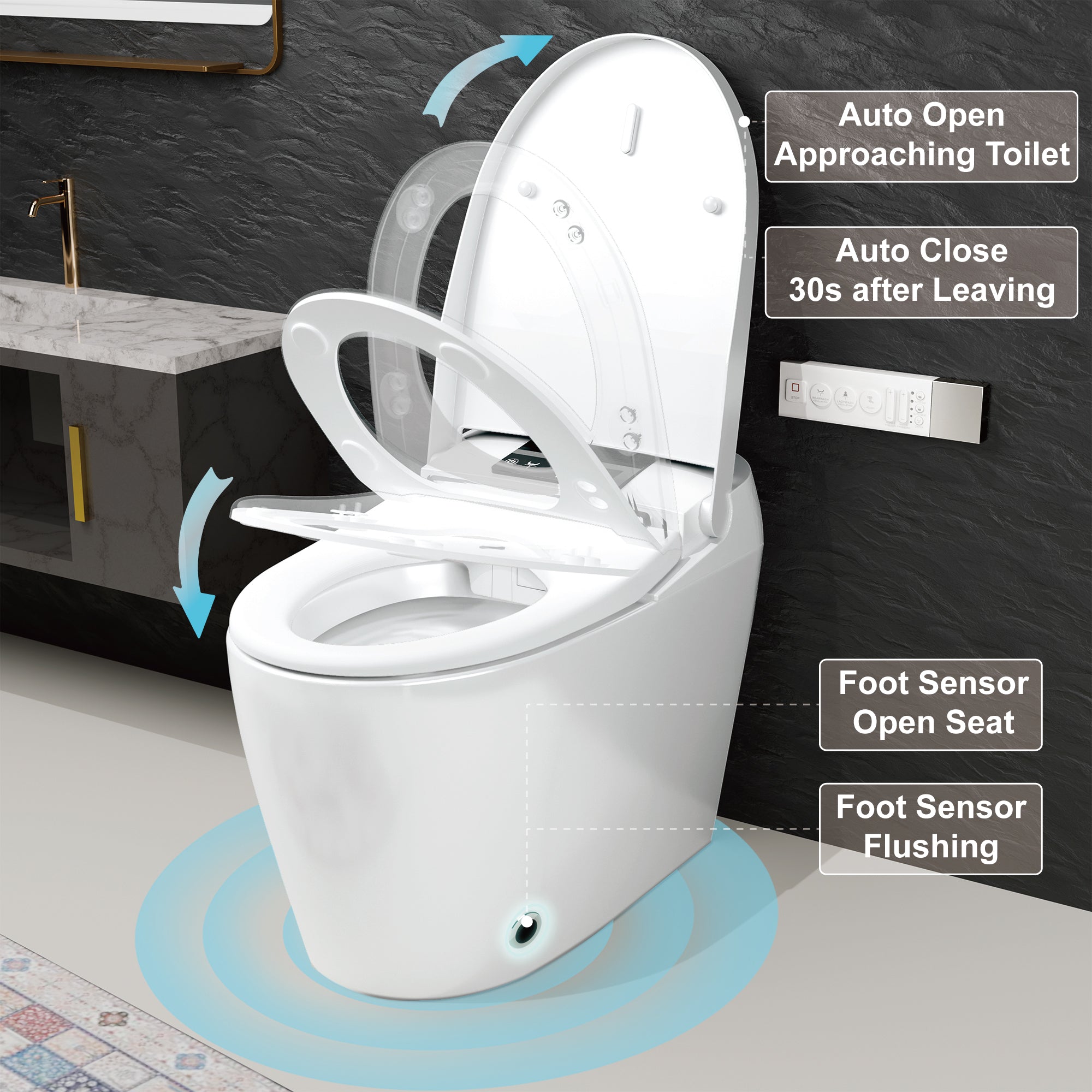 Unikoo Smart Toilet - Auto Open/Close, One Piece Elongated Design, LED Display ADA Compliant Comfort Height Toilet, Foot Sensor Flush, Auto Flush System, Heated Seat, Night Light for Modern Bathroom