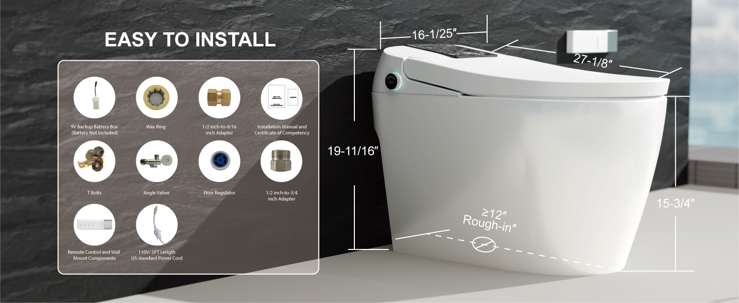 Unikoo Smart Toilet - Auto Open/Close, One Piece Elongated Design, LED Display ADA Compliant Comfort Height Toilet, Foot Sensor Flush, Auto Flush System, Heated Seat, Night Light for Modern Bathroom