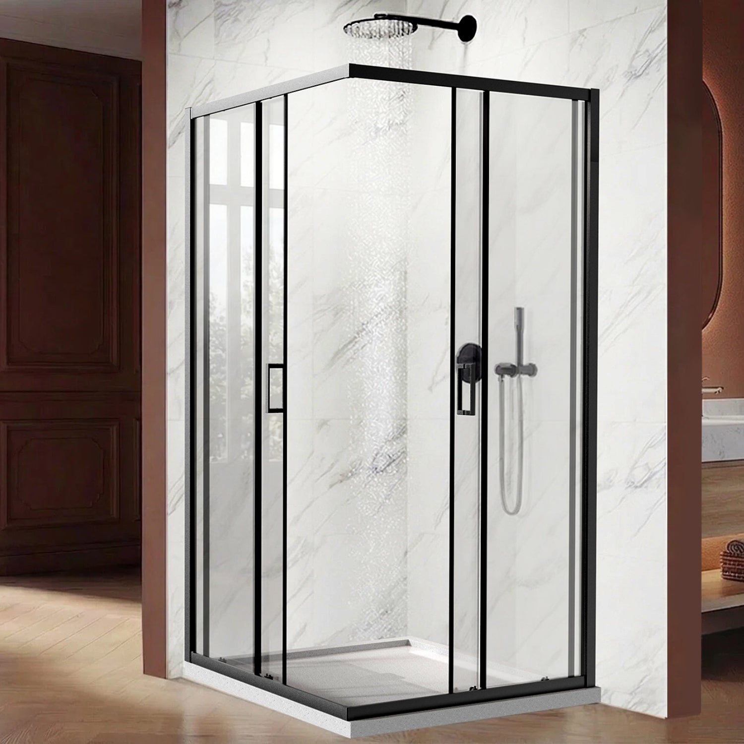 UK-E 40" L x 40" W x 72" H Square Corner Shower Door, Durable Aluminum Sliding Shower Enclosure with Enduro Shield 1/4" ANSI Certified Tempered Glass