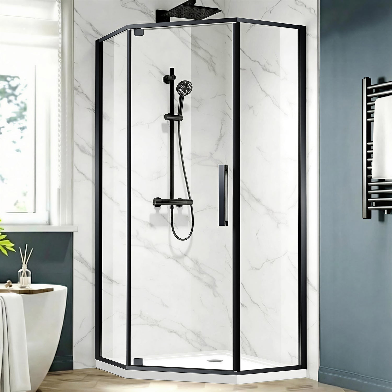 UK-G  Neo-Angel Corner Shower Enclosure, 34 x 34 x 72 Inch, 1/4 Inch Clear Tempered Safety Glass, Outward-Opening Pivot Shower Door with Enduro Shield Easy-Clean Coating
