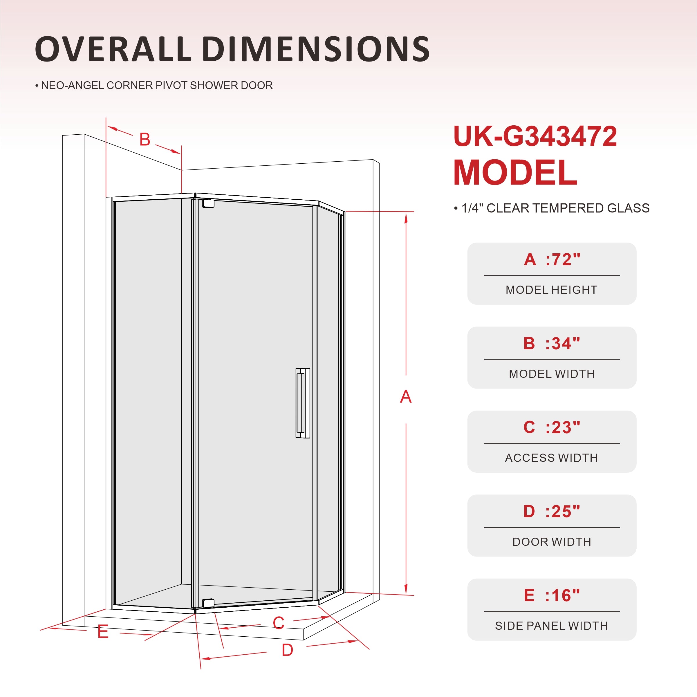UK-G  Neo-Angel Corner Shower Enclosure, 34 x 34 x 72 Inch, 1/4 Inch Clear Tempered Safety Glass, Outward-Opening Pivot Shower Door with Enduro Shield Easy-Clean Coating