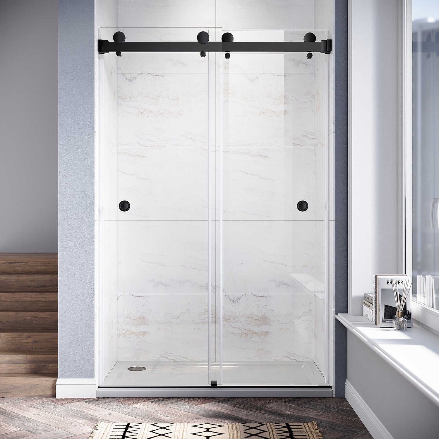 UKD01-46 to 49 in. W x 76 or 80in. 2FP H Double Sliding Frameless Shower Door, EnduroShield 3/8 in. Clear Glass