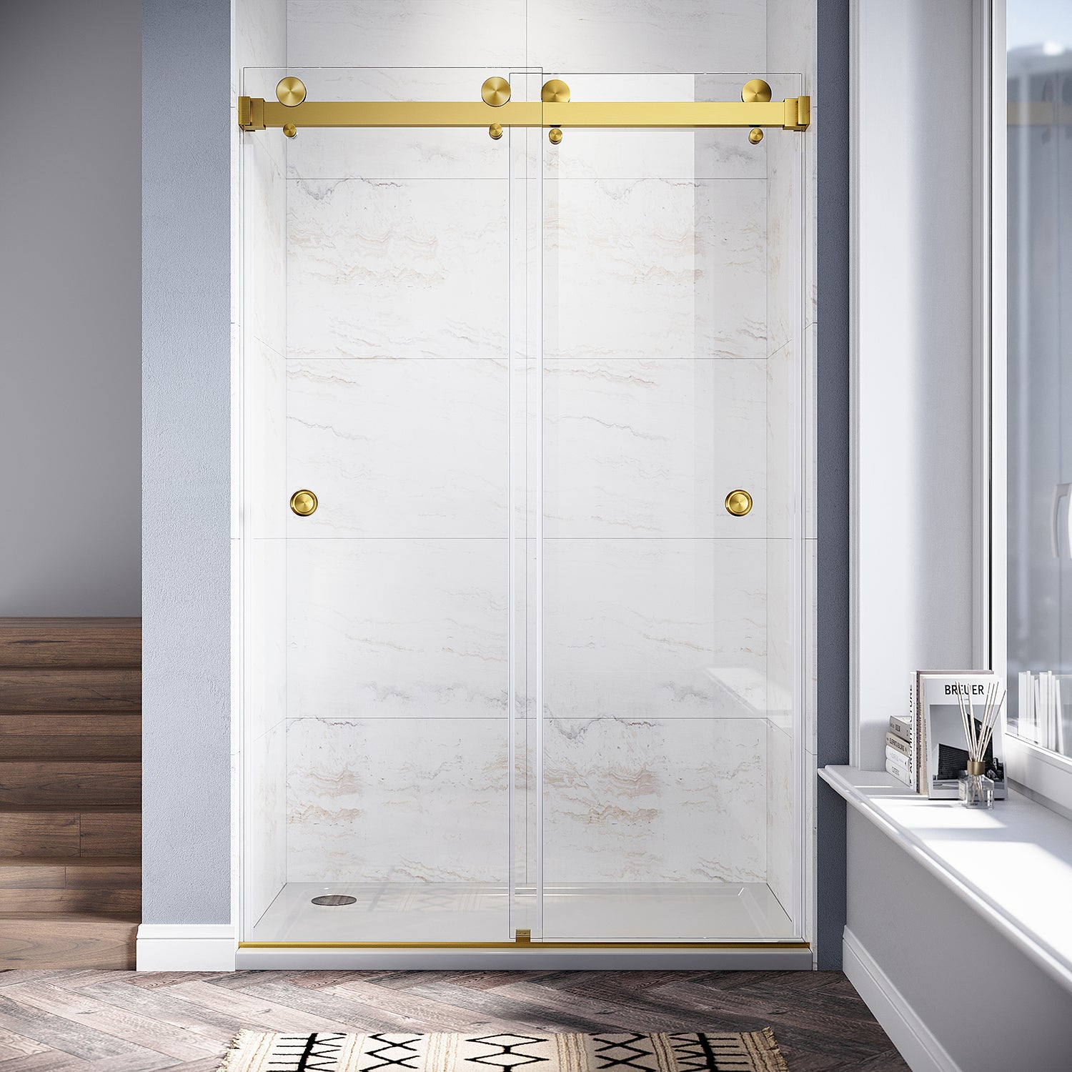 UKD01-46 to 49 in. W x 76 or 80in. 2FP H Double Sliding Frameless Shower Door, EnduroShield 3/8 in. Clear Glass