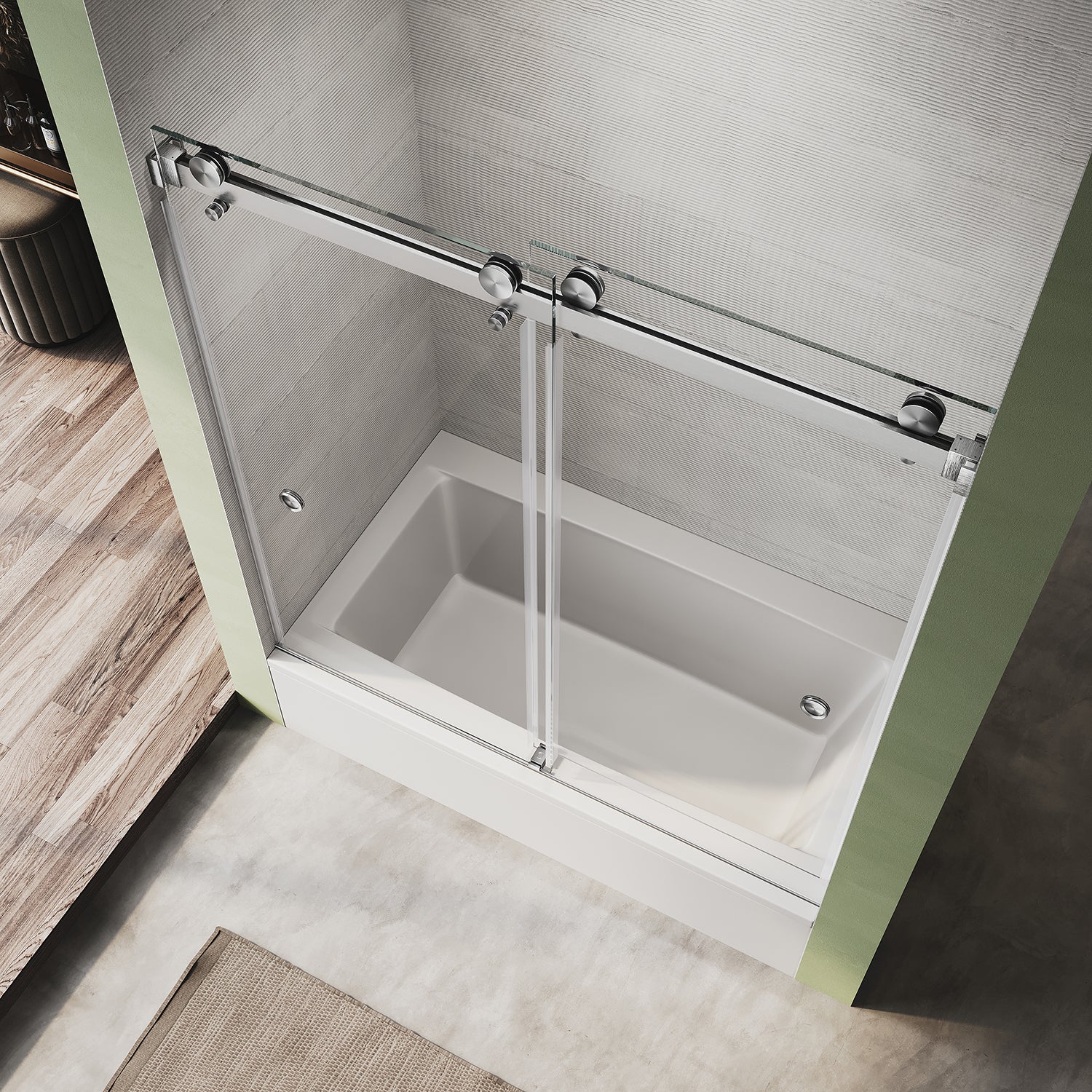 UKD01-56 to 60 in. W x 66 in. 2FP H Double Sliding Frameless Shower Door, EnduroShield 3/8 in. Clear Glass