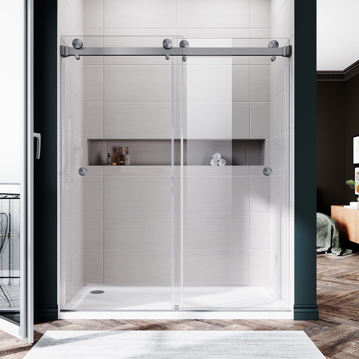 UKD01-56 to 60 in. W x 72 or 76in. 2TB H Double Sliding Frameless Shower Door, EnduroShield 3/8 in. Clear Glass