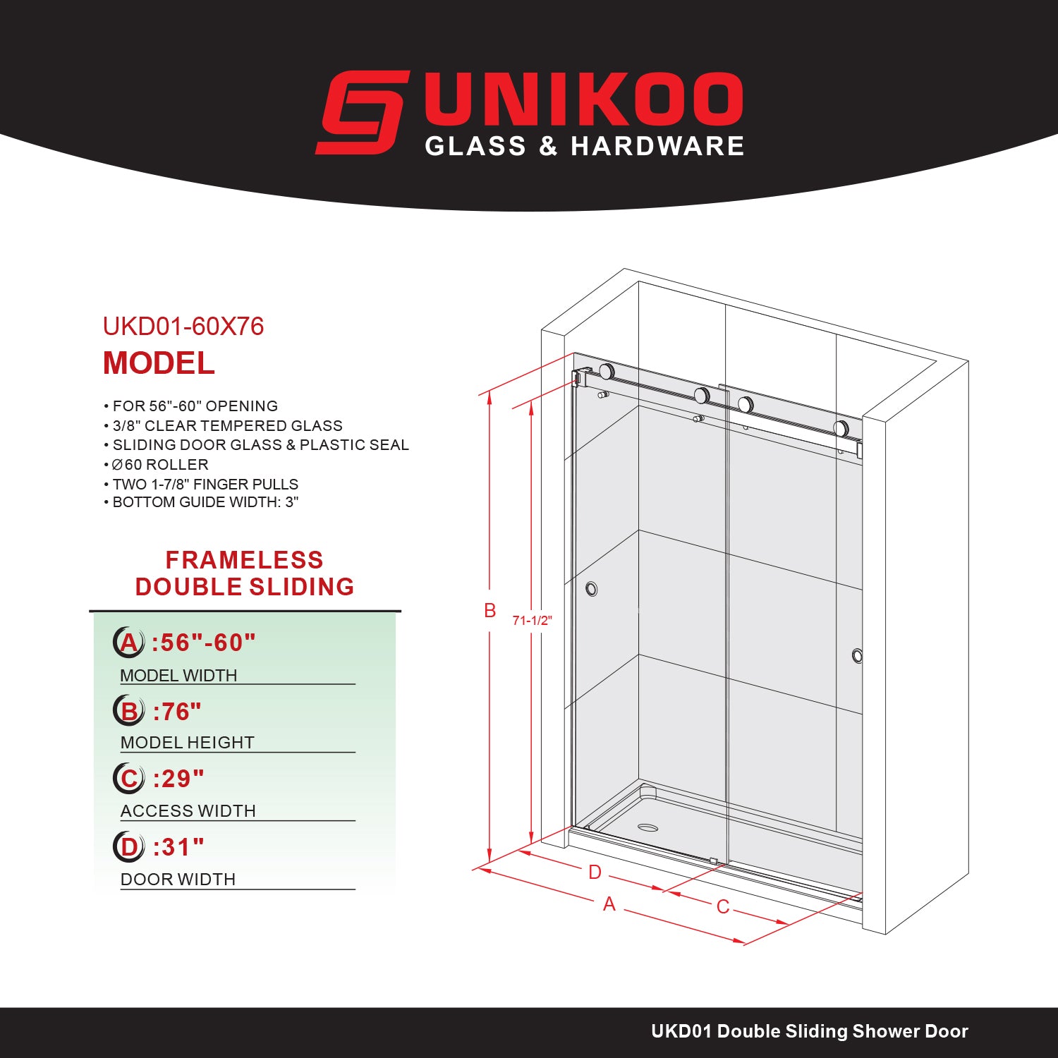 UKD01-56 to 60 in. W x 66 in. 2FP H Double Sliding Frameless Shower Door, EnduroShield 3/8 in. Clear Glass