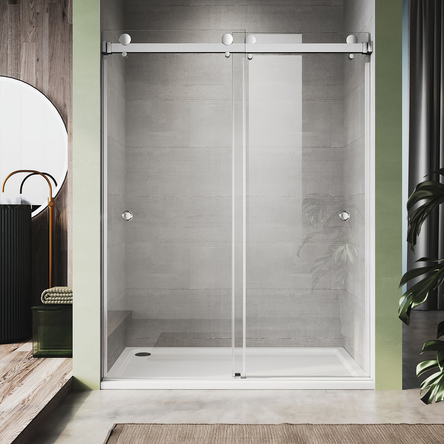 UKD01-56 to 60 in. W x 80in. 2FP H Double Sliding Frameless Shower Door, EnduroShield 3/8 in. Different Glass
