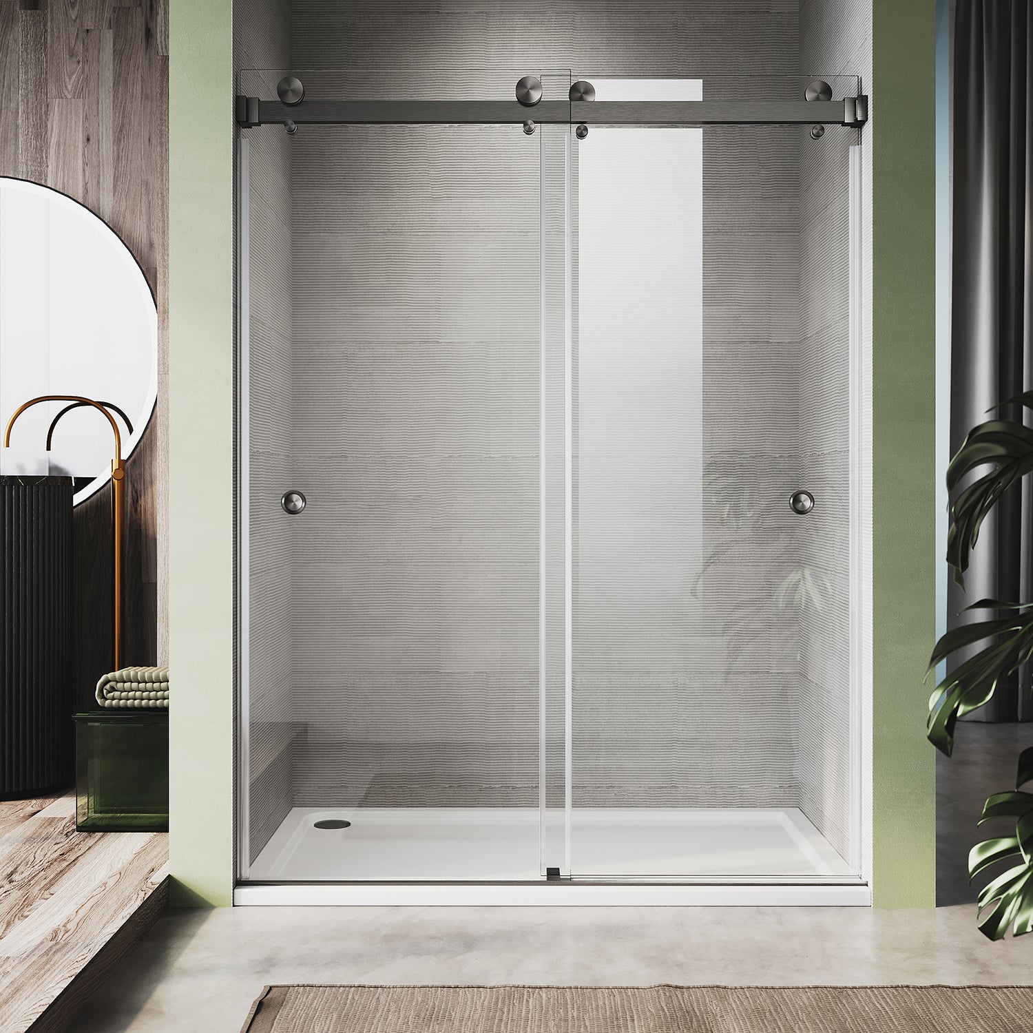 UKD01-56 to 60 in. W x 80in. 2FP H Double Sliding Frameless Shower Door, EnduroShield 3/8 in. Different Glass