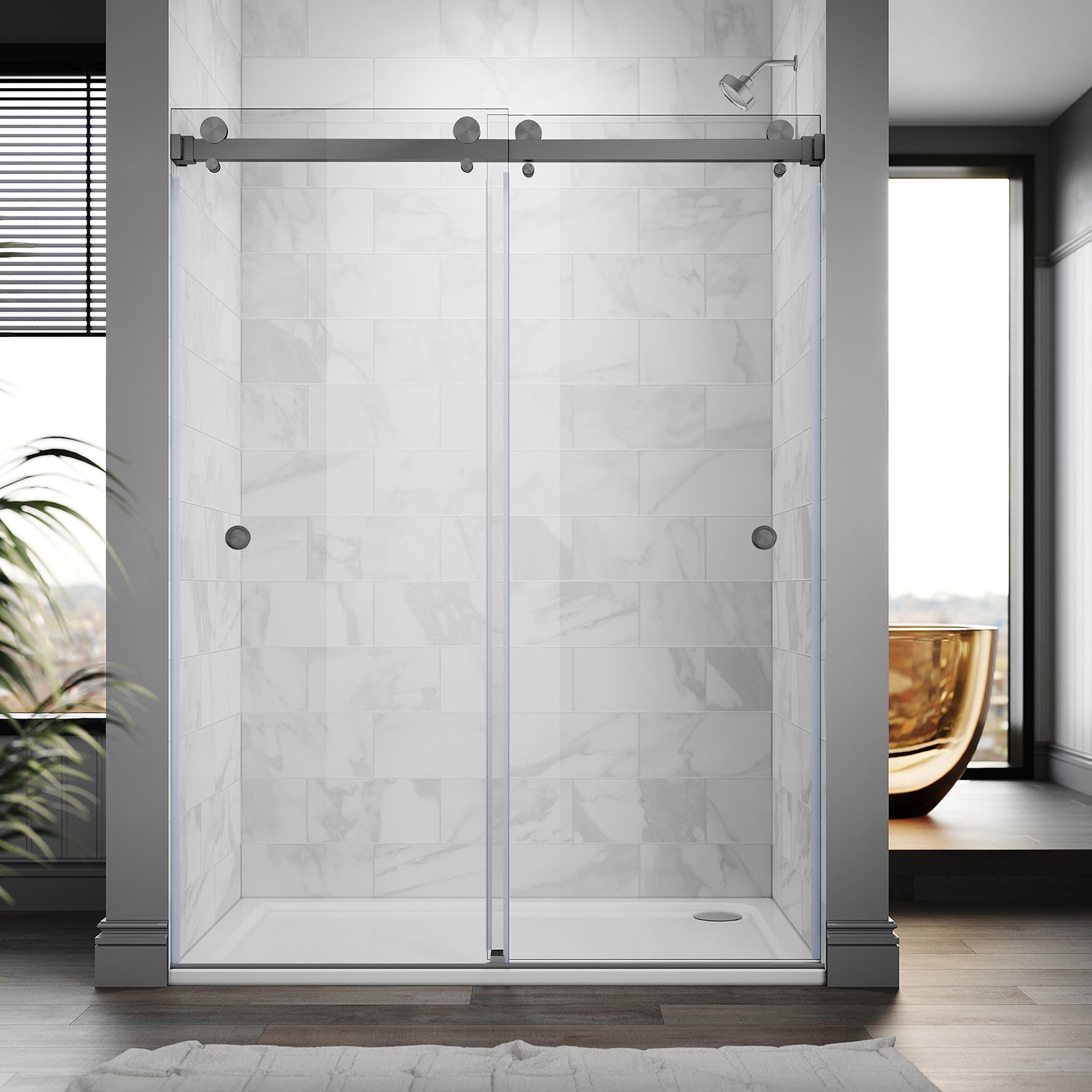 UKD01-61 to 65 in. W x 76 or 80in. 2FP H Double Sliding Frameless Shower Door, EnduroShield 3/8 in. Clear Glass