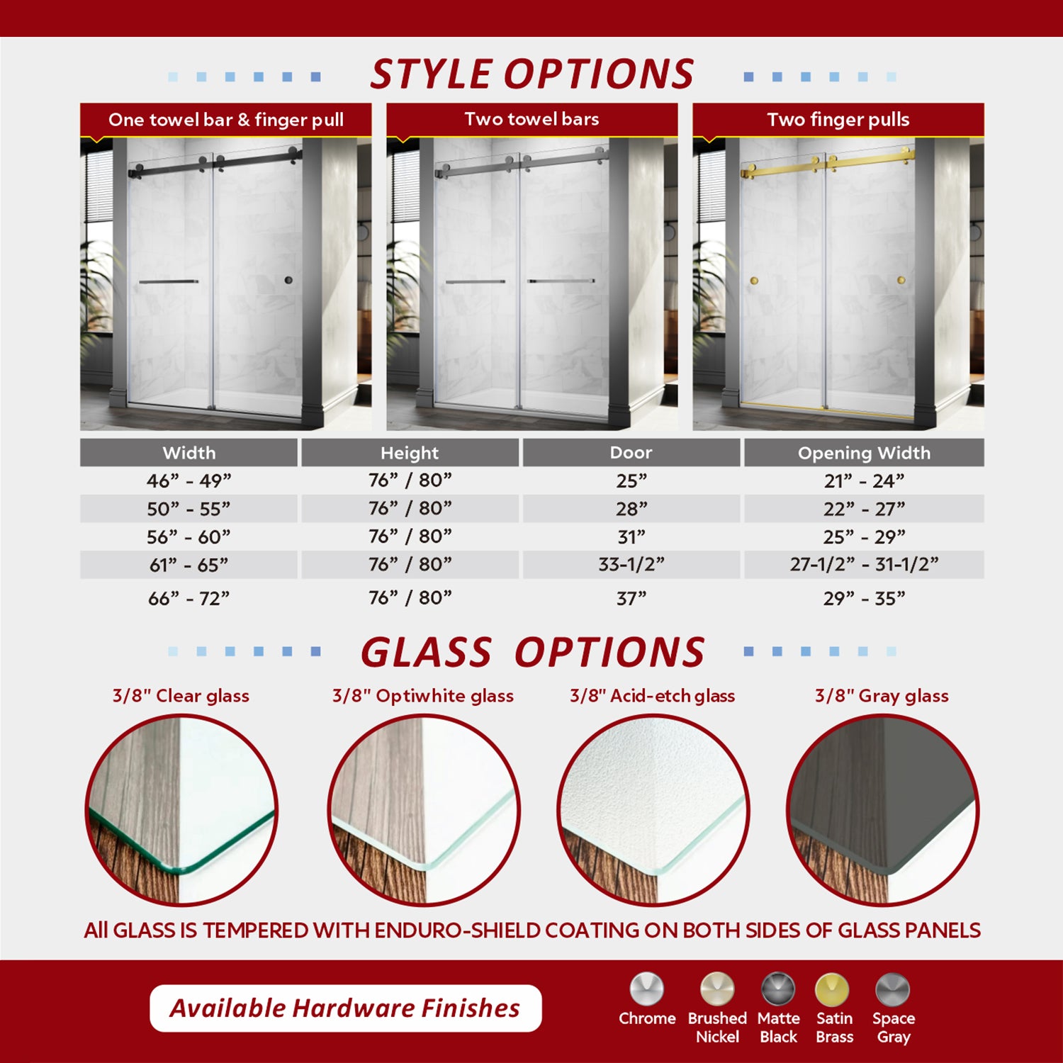 UKD01-46 to 49 in. W x 76 or 80 in. H Double Sliding Frameless Shower Door Enduro Shield 3/8 in. Clear Glass -wholesale