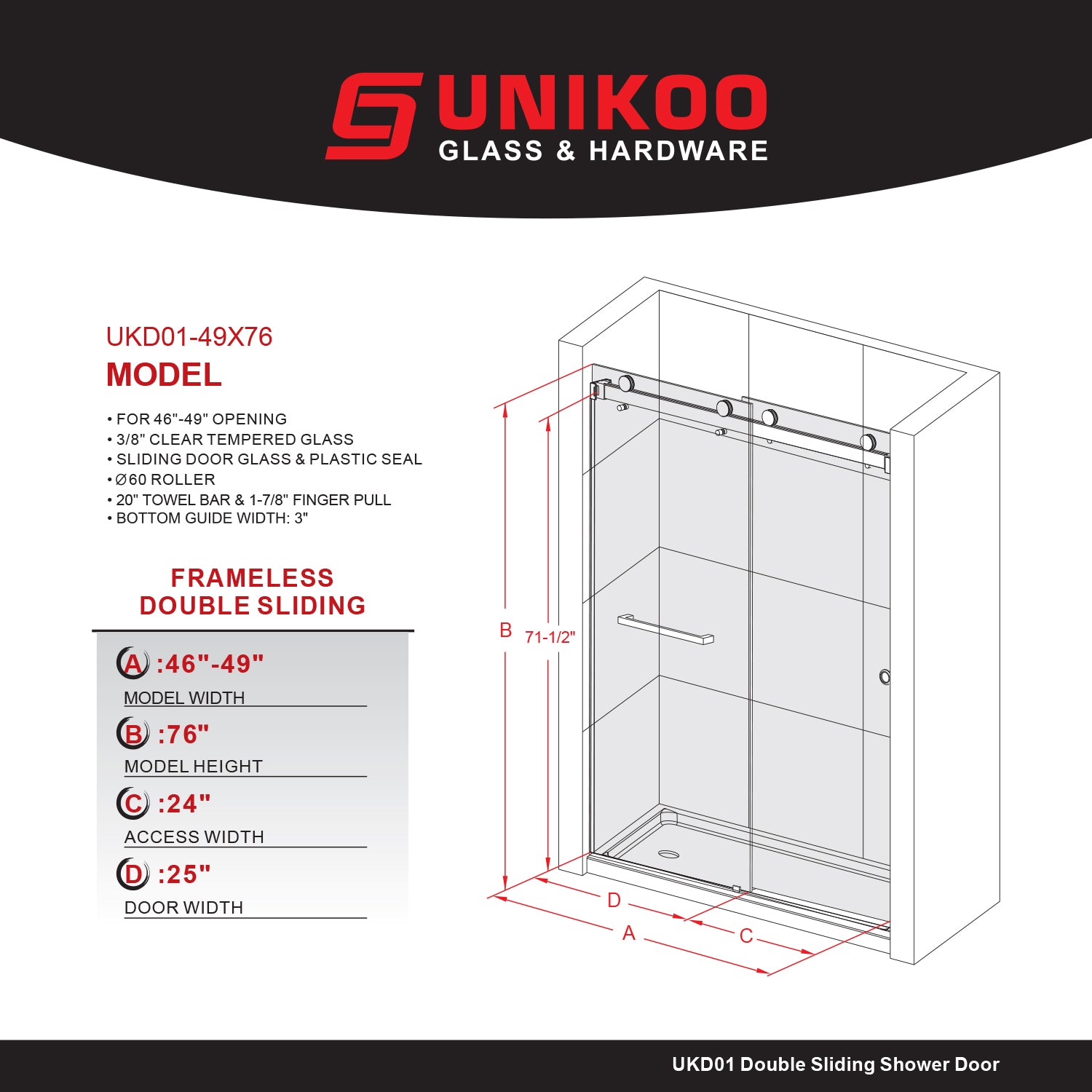 UKD01-46 to 49 in. W x 76 or 80 in. H Double Sliding Frameless Shower Door Enduro Shield 3/8 in. Clear Glass -wholesale