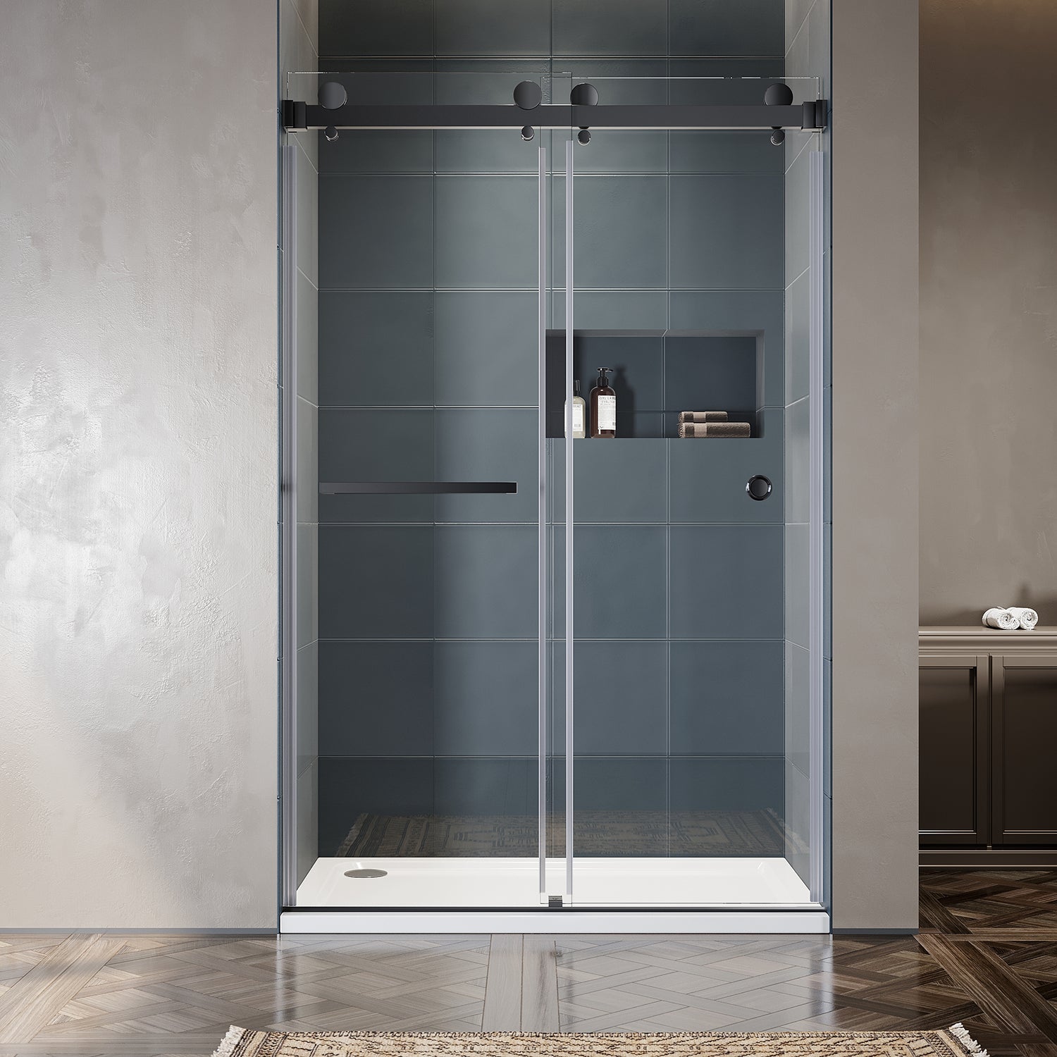 UKD01-46 to 49 in. W x 76 or 80 in. H Double Sliding Frameless Shower Door Enduro Shield 3/8 in. Clear Glass -wholesale