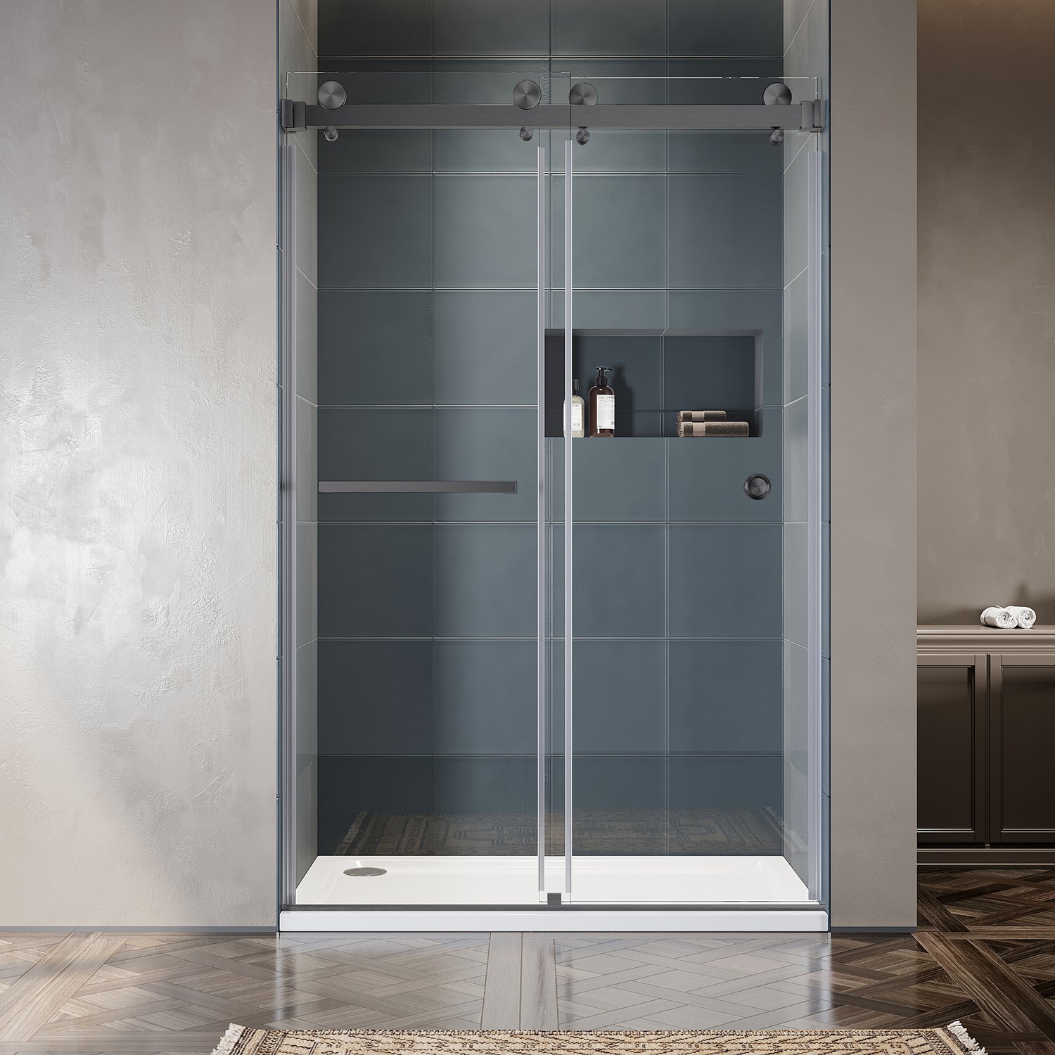 UKD01-46 to 49 in. W x 76 or 80 in. H Double Sliding Frameless Shower Door Enduro Shield 3/8 in. Clear Glass -wholesale