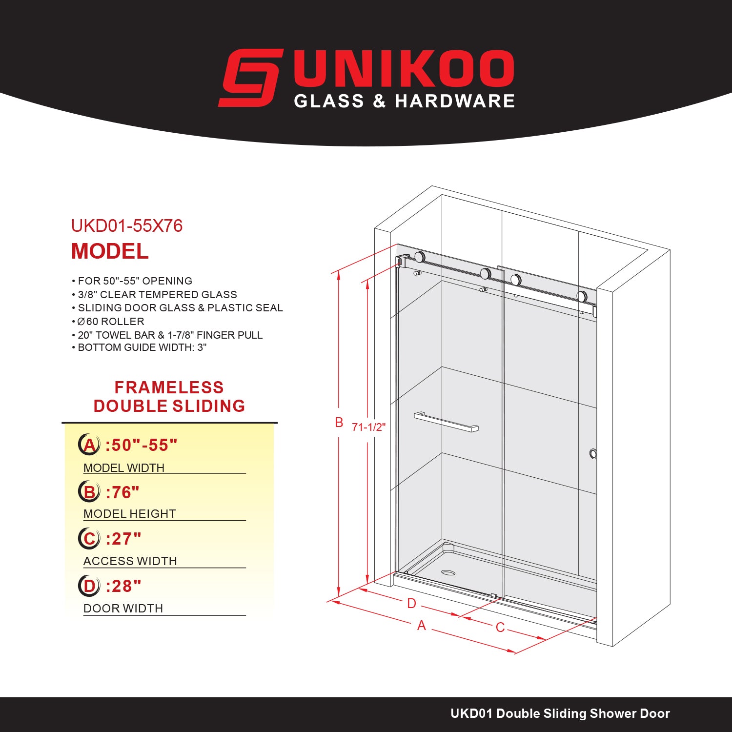 UKD01 - 50 to 55 in. W x 76 or 80 in. H Double Sliding Frameless Shower Door, EnduroShield 3/8 in. Clear Glass