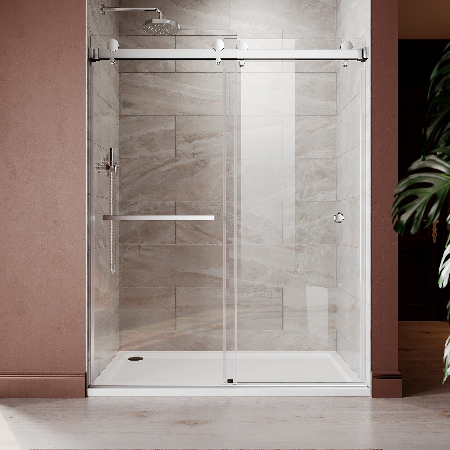 UKD01 - 50 to 55 in. W x 76 or 80 in. H Double Sliding Frameless Shower Door, EnduroShield 3/8 in. Clear Glass