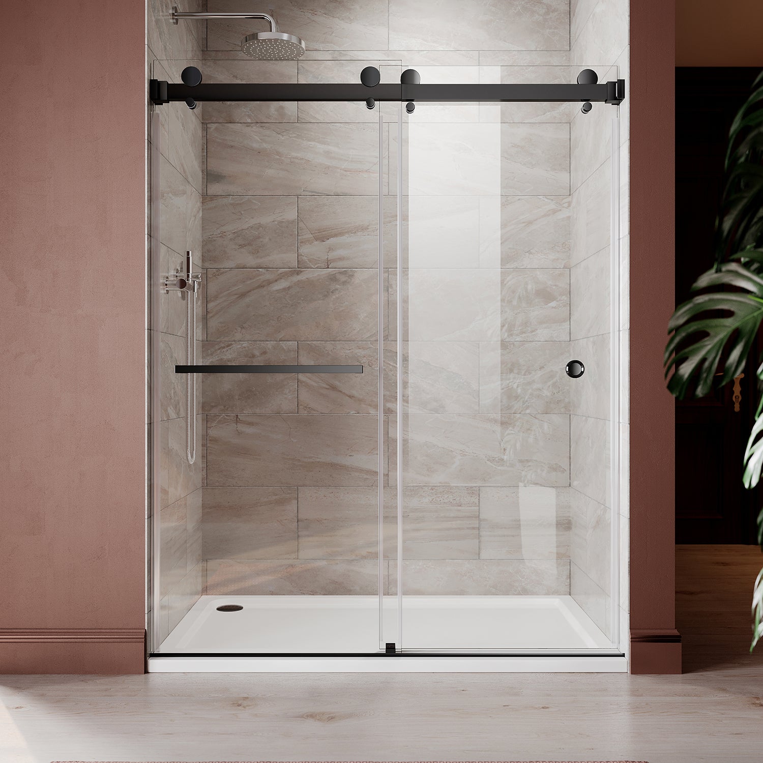 UKD01 - 50 to 55 in. W x 76 or 80 in. H Double Sliding Frameless Shower Door, EnduroShield 3/8 in. Clear Glass