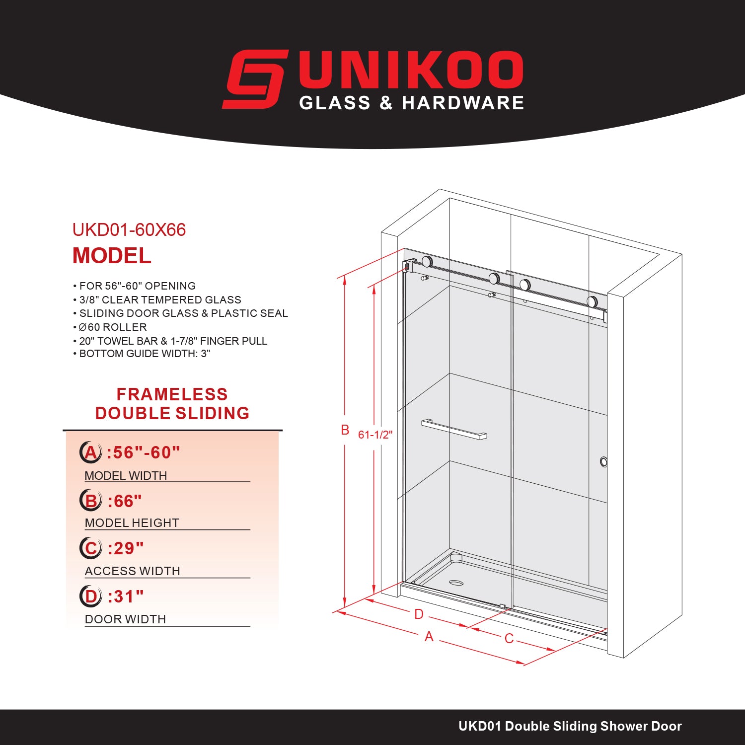 UKD01- 56 to 60 in. W x 66 in. H Frameless Double Sliding Bathtub Door in Stainless Steel with different type Glass