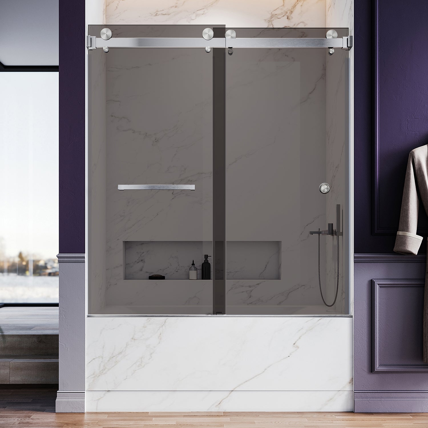 UKD01- 56 to 60 in. W x 66 in. H Frameless Double Sliding Bathtub Door in Stainless Steel with different type Glass