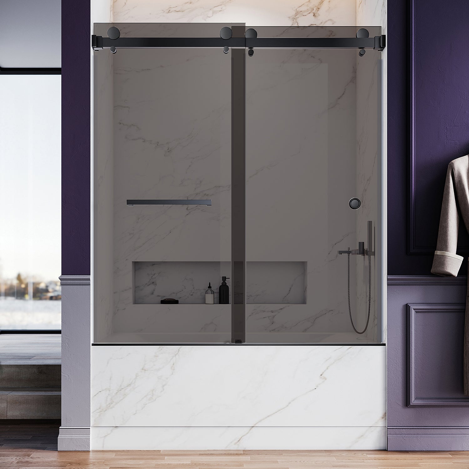 UKD01- 56 to 60 in. W x 66 in. H Frameless Double Sliding Bathtub Door in Stainless Steel with different type Glass