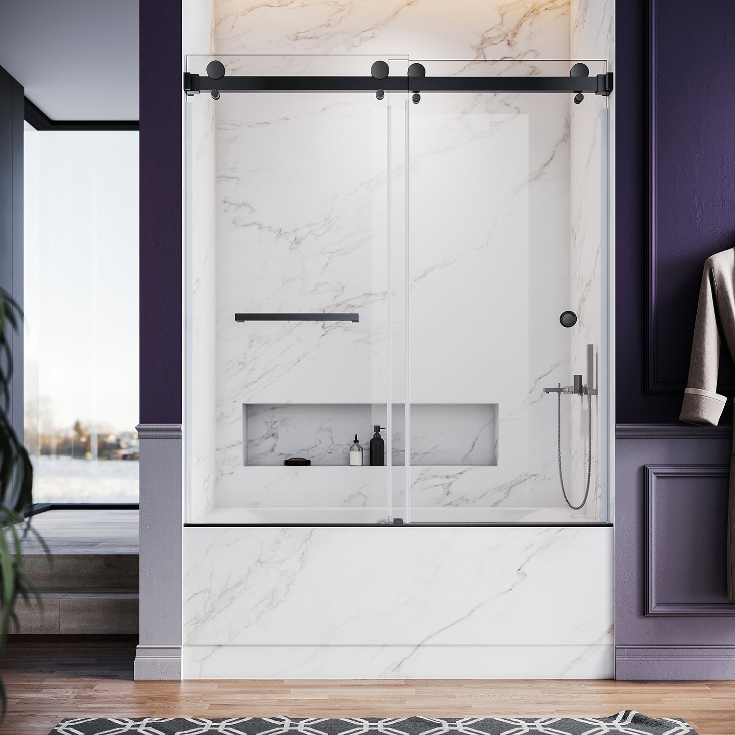 UKD01- 56 to 60 in. W x 66 in. H Frameless Double Sliding Bathtub Door in Stainless Steel with different type Glass