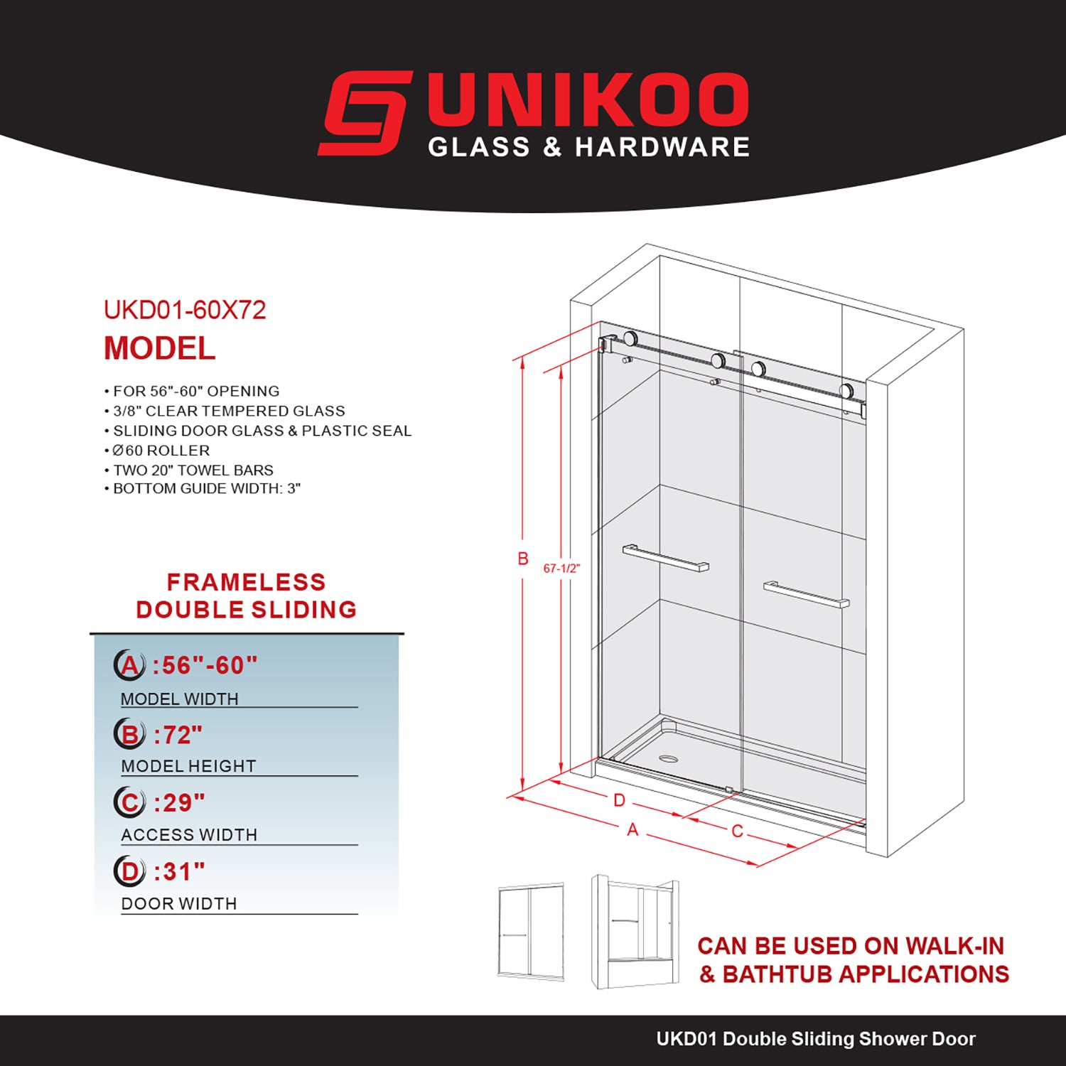 UKD01-56 to 60 in. W x 72 or 76 in. H Double Sliding Frameless Shower Door, Enduro Shield 3/8 in. Clear Glass -wholesale