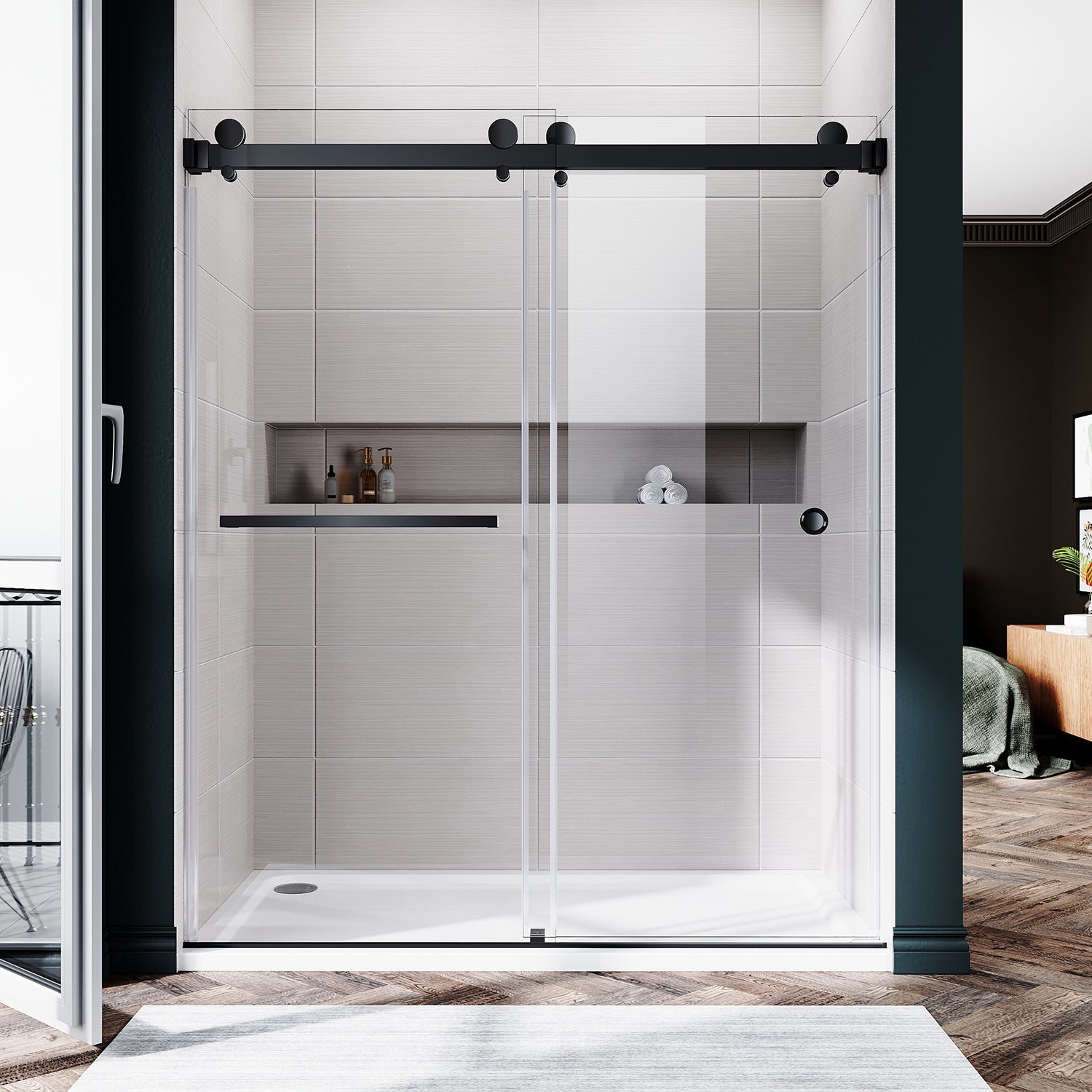 UKD01-56 to 60 in. W x 72 or 76 in. H Double Sliding Frameless Shower Door, Enduro Shield 3/8 in. Clear Glass -wholesale