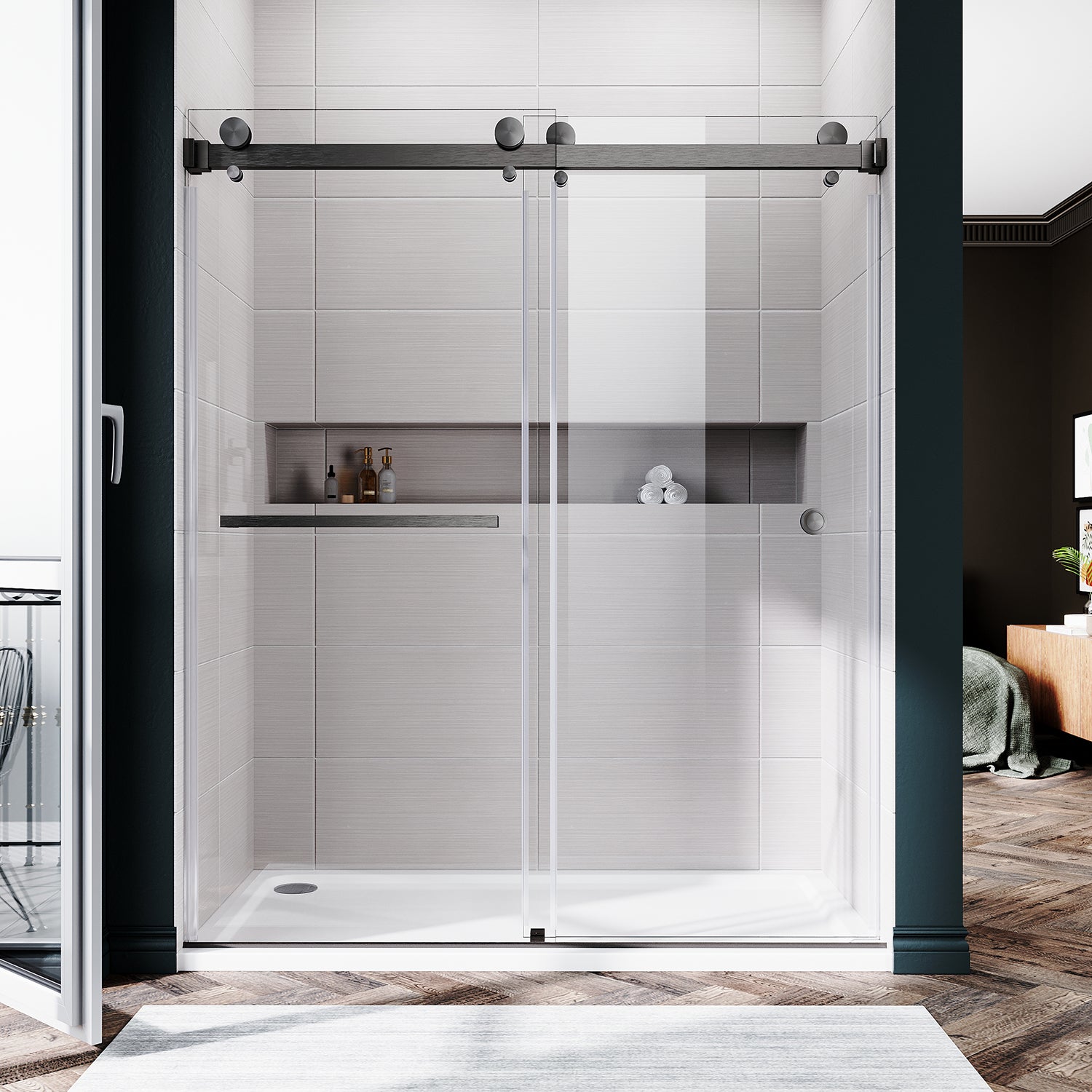 UKD01-56 to 60 in. W x 72 or 76 in. H Double Sliding Frameless Shower Door, Enduro Shield 3/8 in. Clear Glass -wholesale