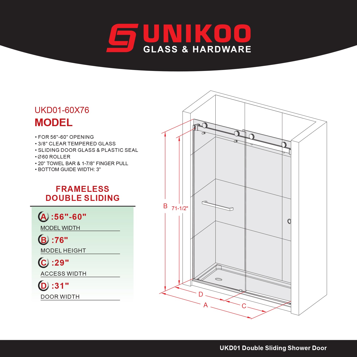 UKD01-56 to 60 in. W x 72 or 76 in. H Double Sliding Frameless Shower Door, Enduro Shield 3/8 in. Clear Glass -wholesale