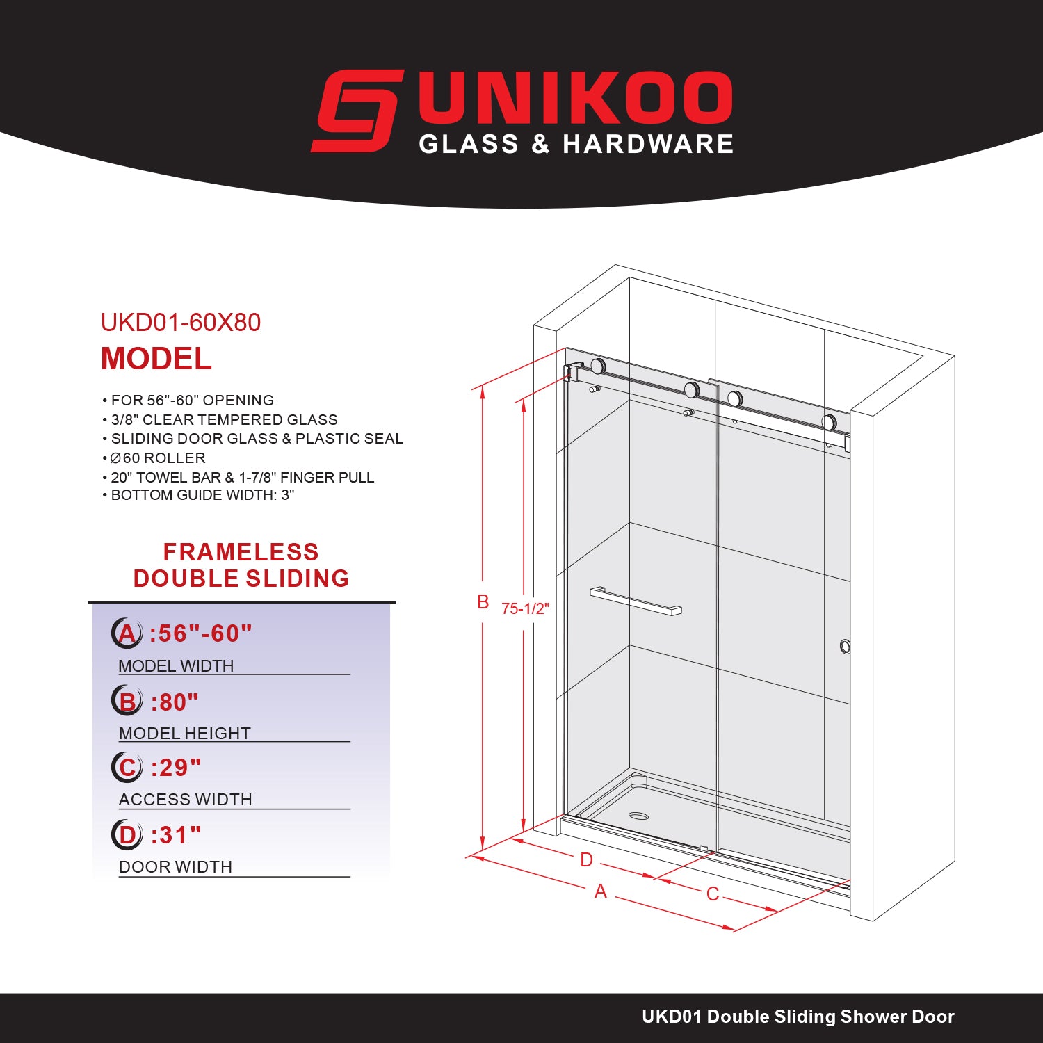 UKD01-56 to 60 in. W x 80 in. H Double Sliding Frameless Shower Door, Enduro Shield 3/8 in. Gray Glass