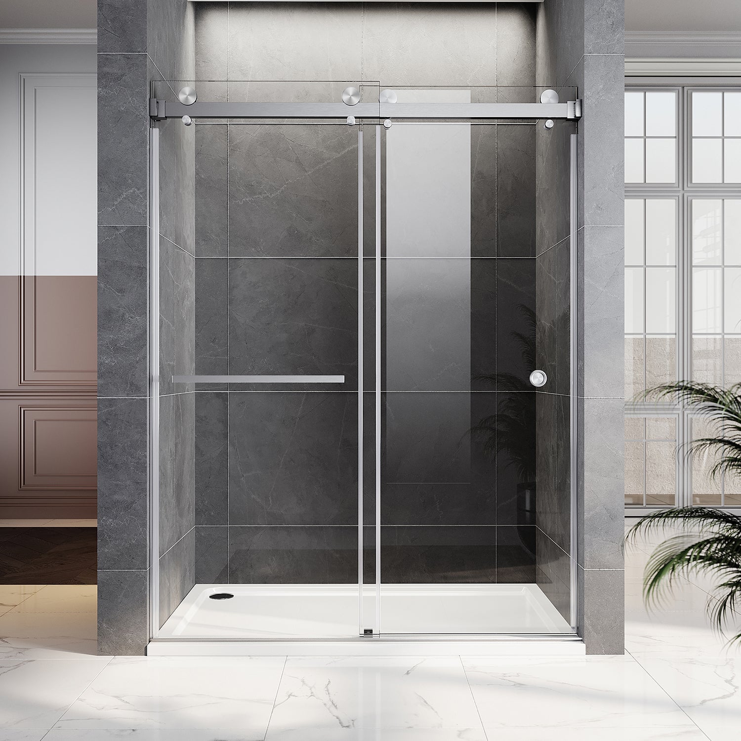 UKD01-56 to 60 in. W x 80 in. H Double Sliding Frameless Shower Door, Enduro Shield 3/8 in. Optiwhite Glass
