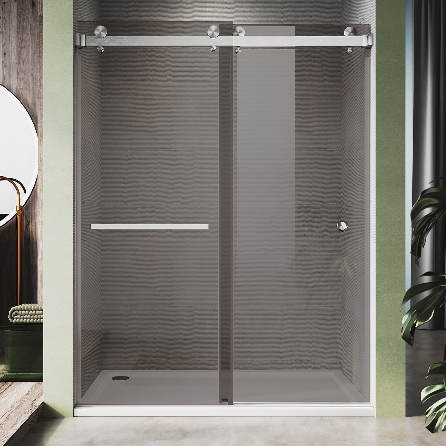 UKD01-56 to 60 in. W x 80 in. H Double Sliding Frameless Shower Door, Enduro Shield 3/8 in. Gray Glass