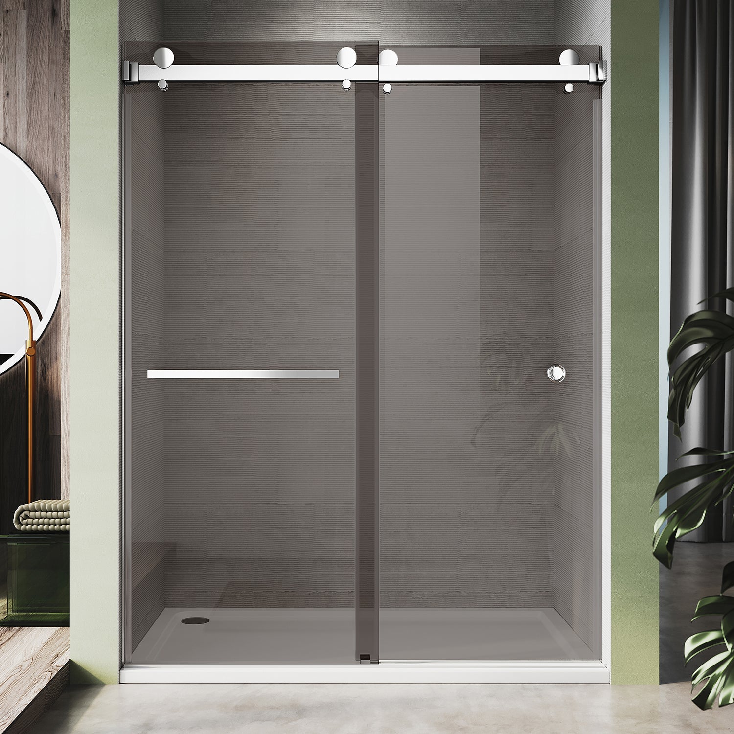 UKD01-56 to 60 in. W x 80 in. H Double Sliding Frameless Shower Door, Enduro Shield 3/8 in. Gray Glass