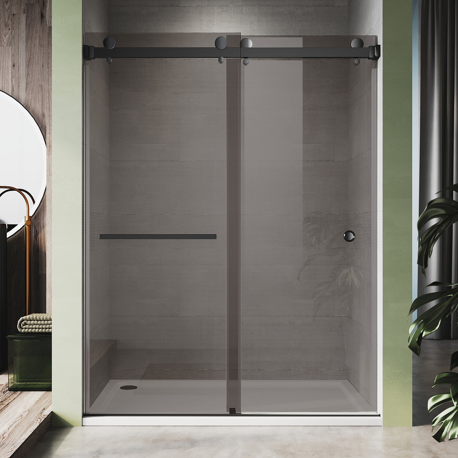 UKD01-56 to 60 in. W x 80 in. H Double Sliding Frameless Shower Door, Enduro Shield 3/8 in. Gray Glass