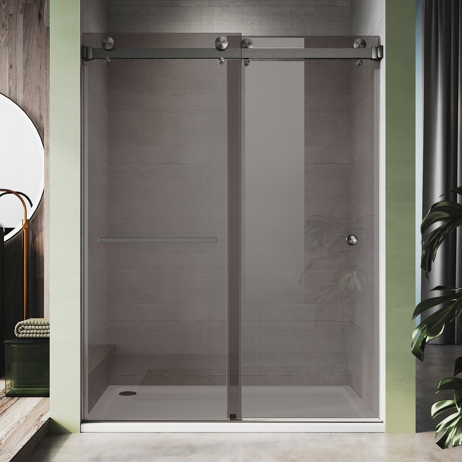 UKD01-56 to 60 in. W x 80 in. H Double Sliding Frameless Shower Door, Enduro Shield 3/8 in. Gray Glass