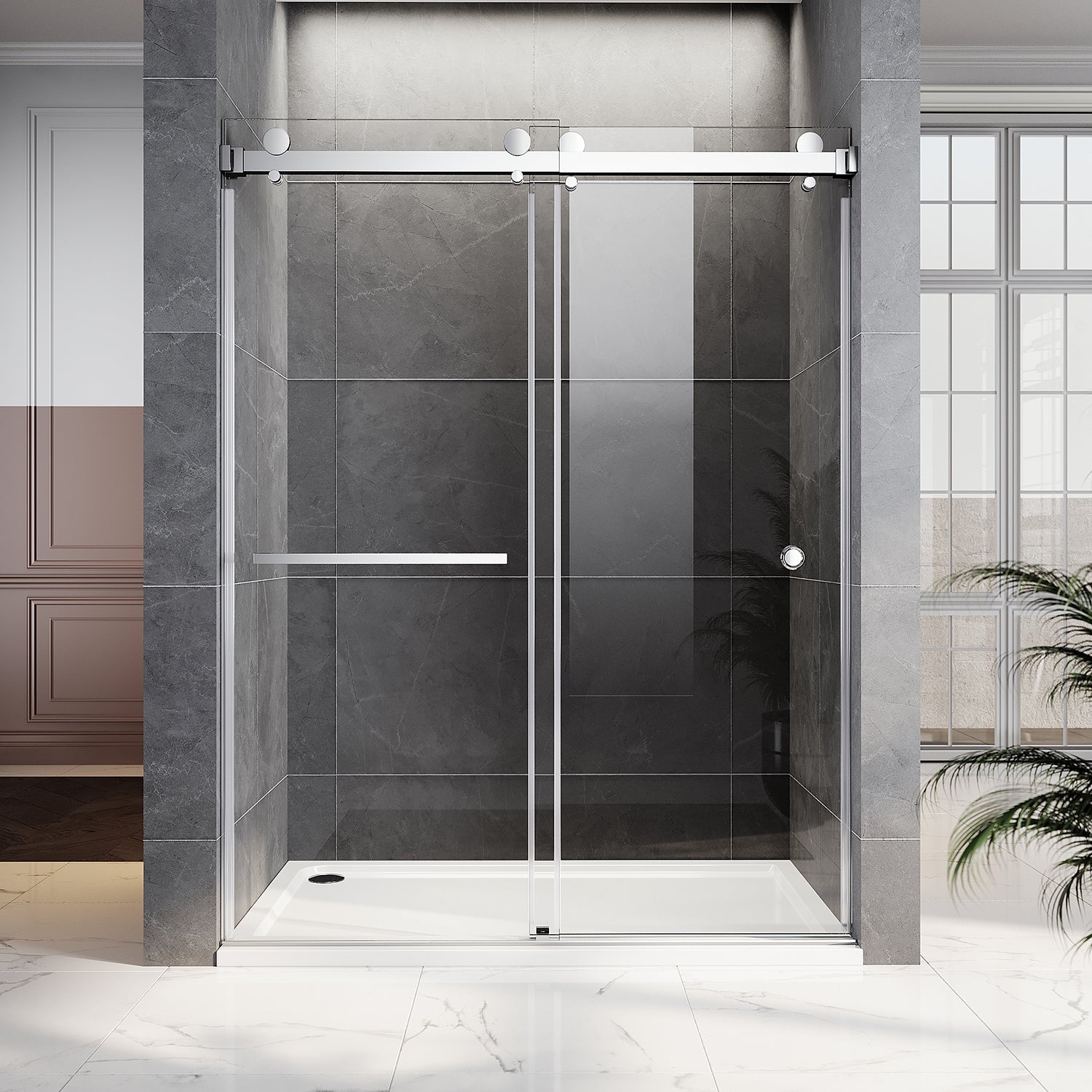 UKD01-56 to 60 in. W x 80 in. H Double Sliding Frameless Shower Door, Enduro Shield 3/8 in. Optiwhite Glass
