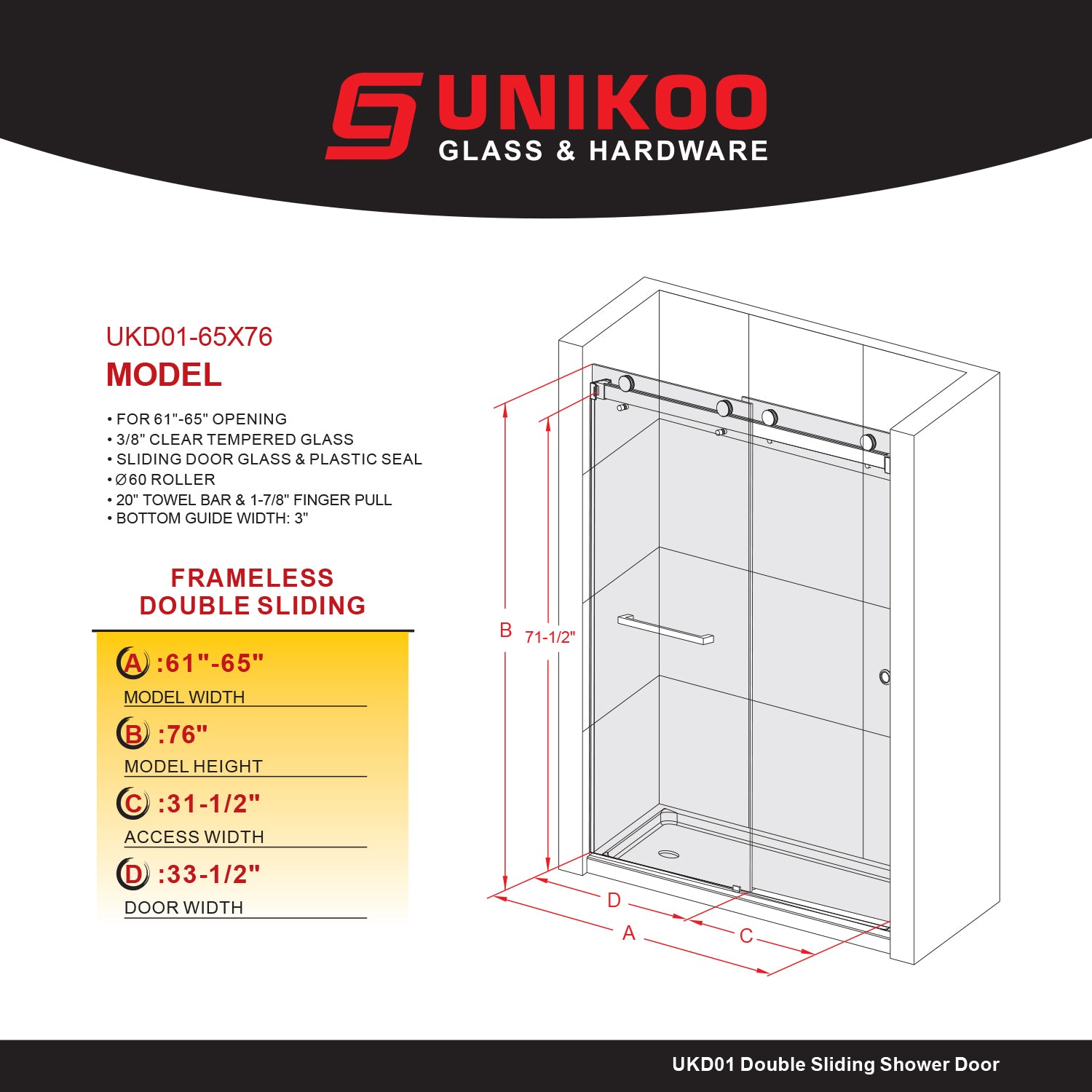 UKD01 61 to 65 in. W x 76 or 80 in. H Double Sliding Frameless Shower Door in, EnduroShield 3/8 in. Clear Glass -wholesale