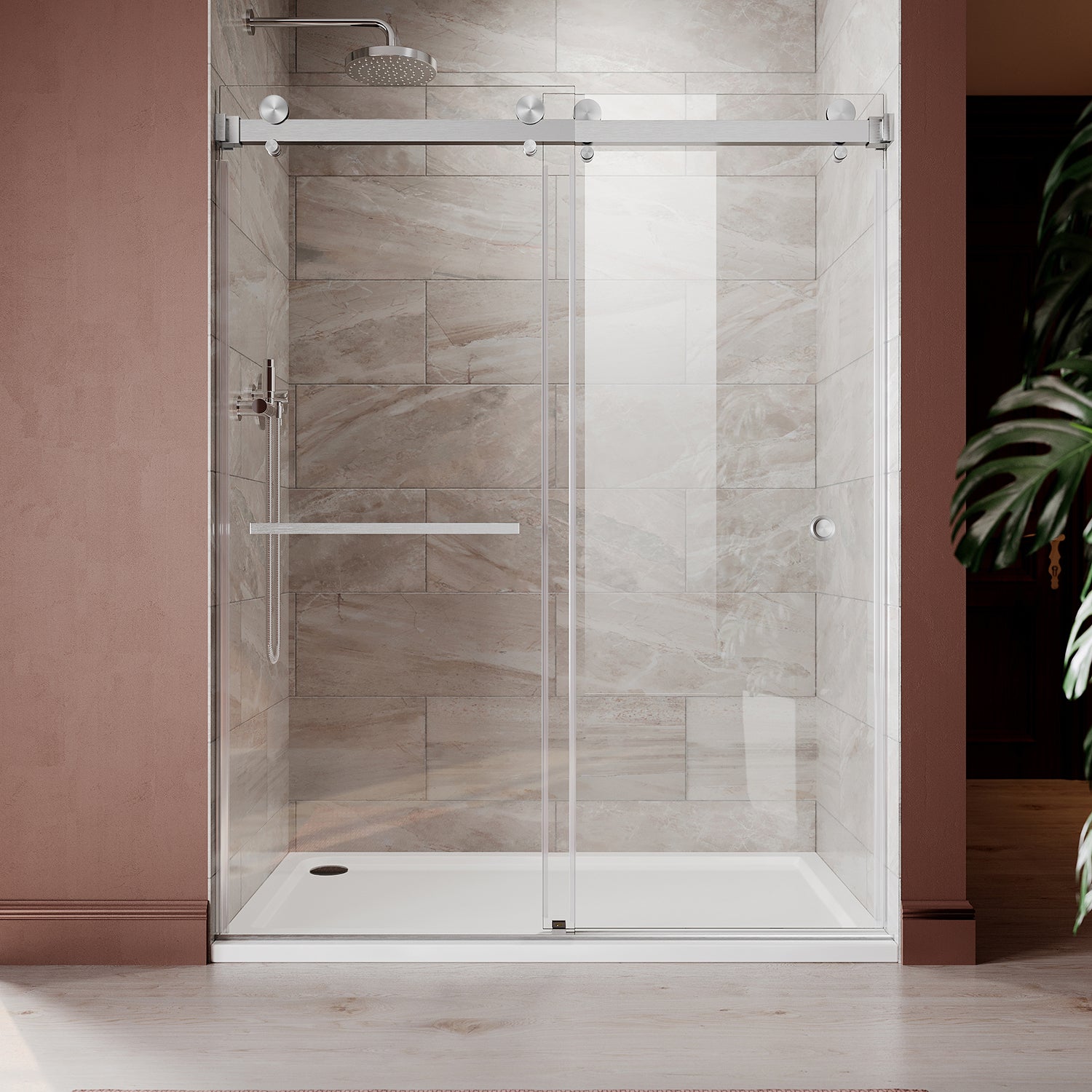 UKD01-66 to 72 in. W x 72, 76 or 80 in. H Double Sliding Frameless Shower Door, EnduroShield 3/8 in. Clear Glass