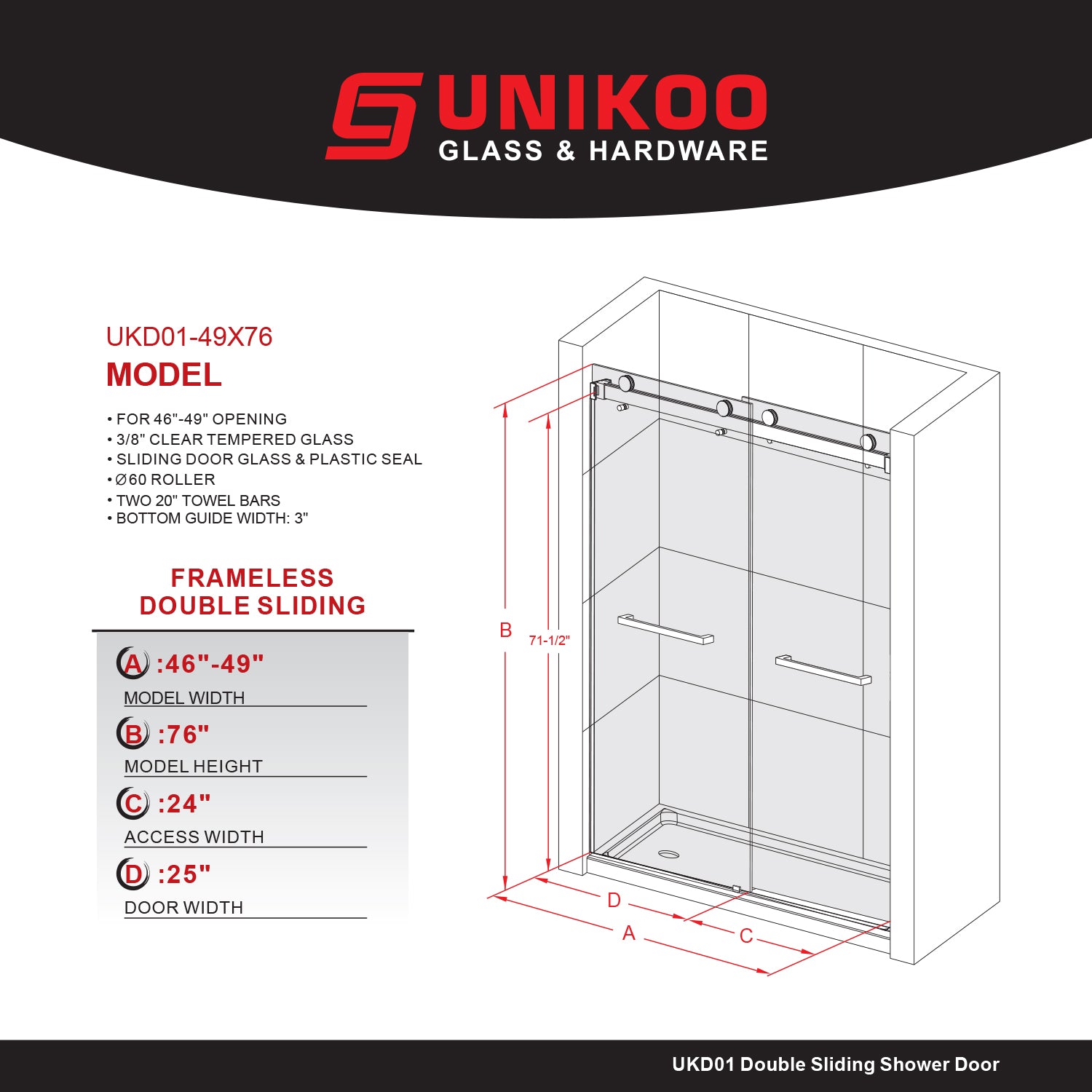 UKD01-46 to 49 in. W x 76 or 80in. 2TB H Double Sliding Frameless Shower Door, EnduroShield 3/8 in. Clear Glass -wholesale