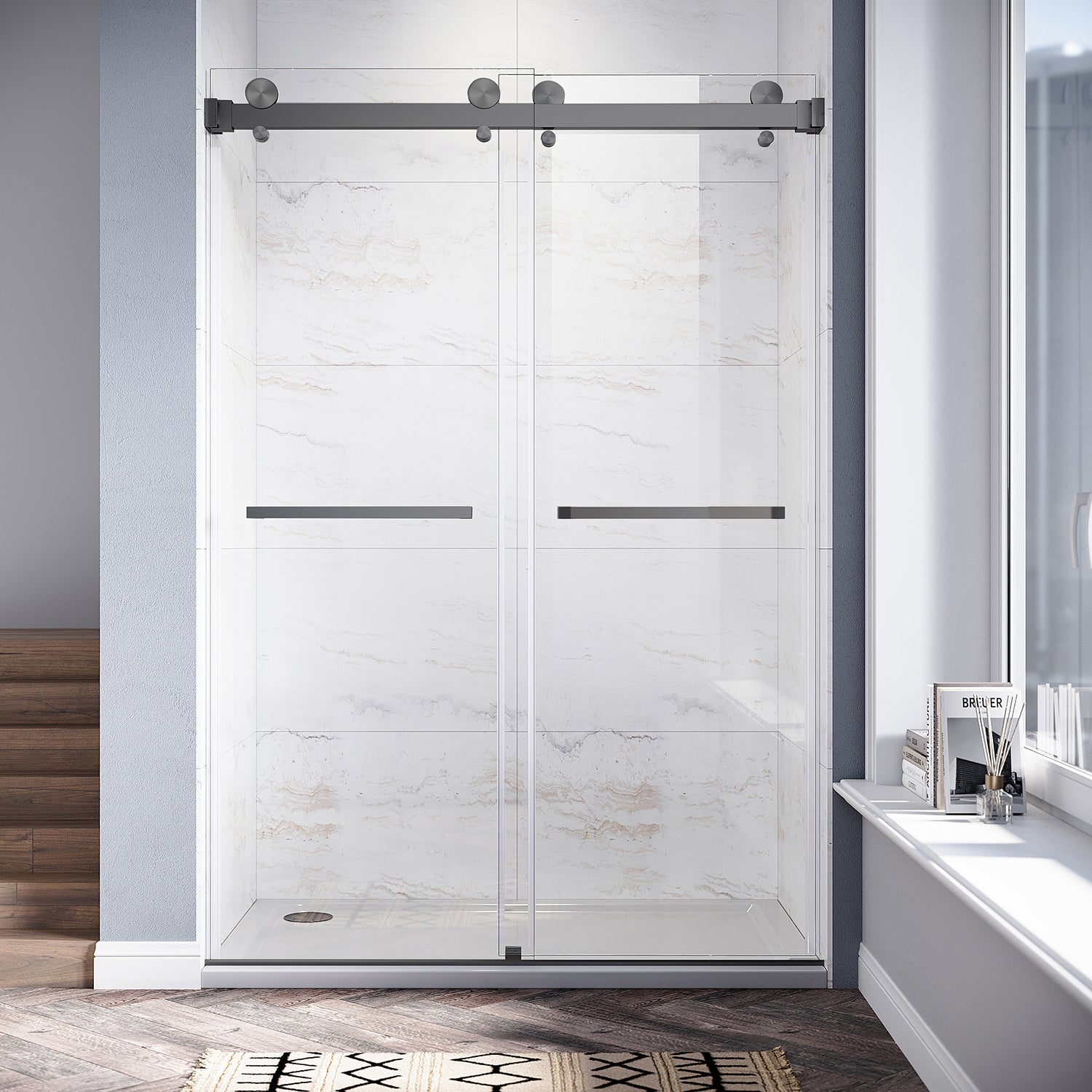 UKD01-46 to 49 in. W x 76 or 80in. 2TB H Double Sliding Frameless Shower Door, EnduroShield 3/8 in. Clear Glass -wholesale
