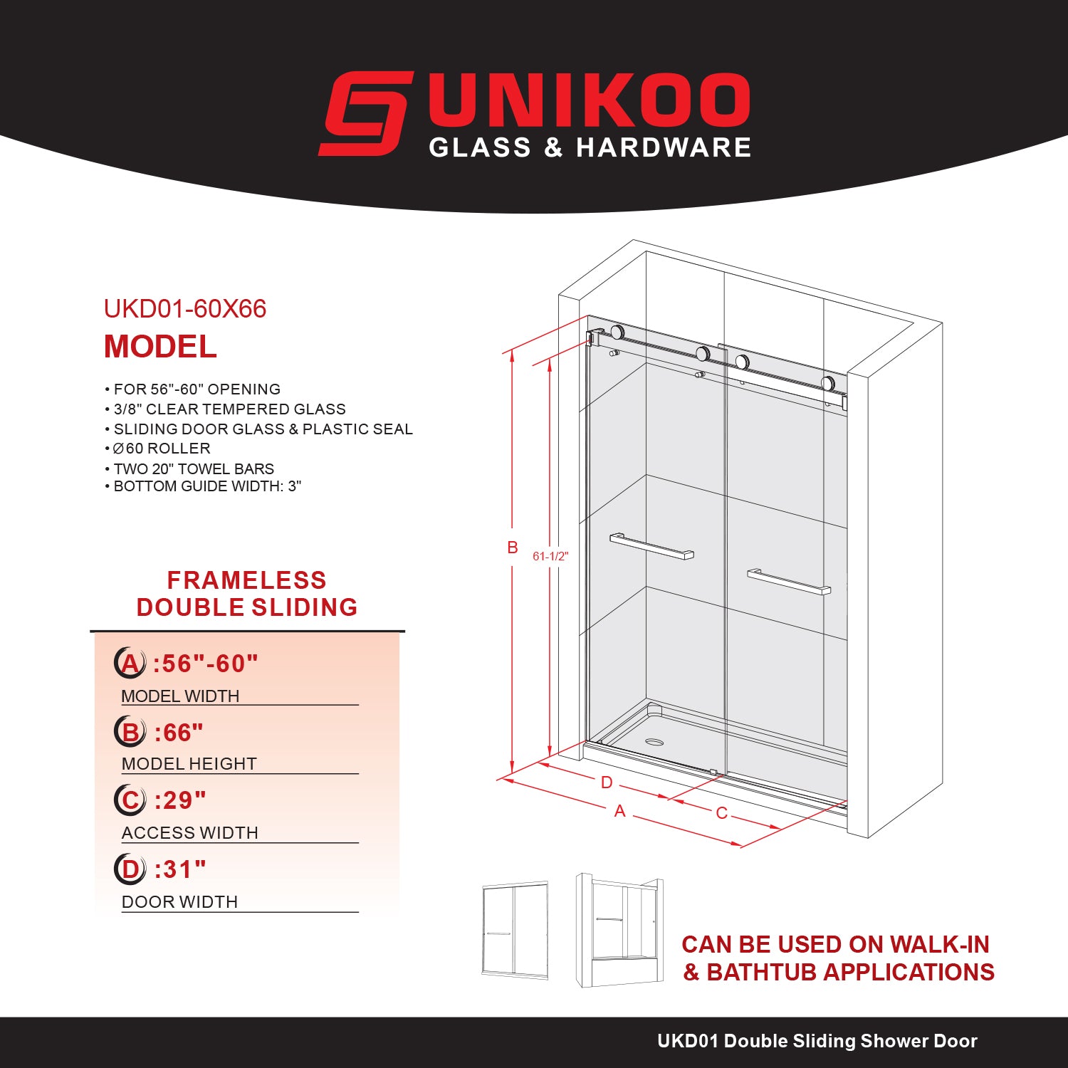 UKD01-56 to 60 in. W x 66in. 2TB H Double Sliding Frameless Shower Door, EnduroShield 3/8 in. Different Glass