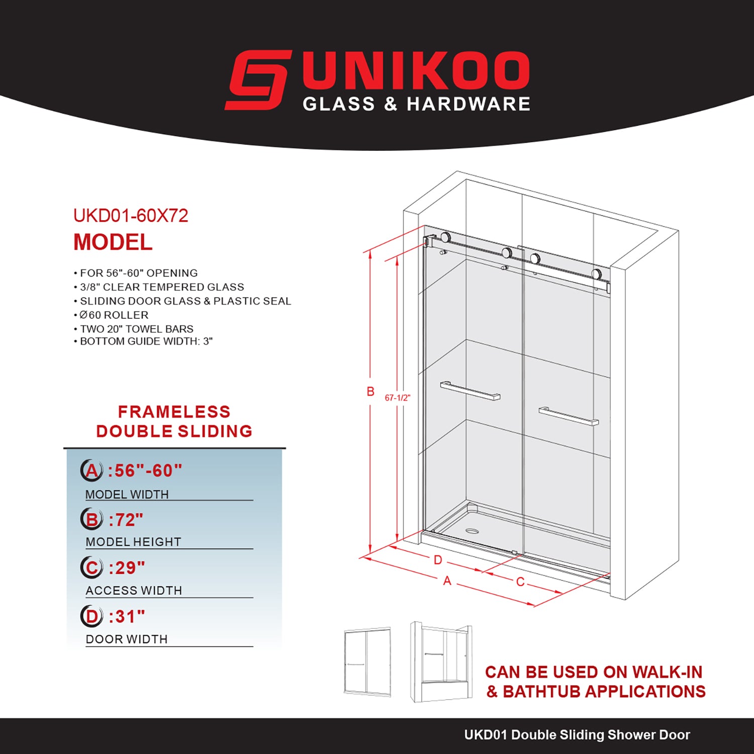 UKD01-56 to 60 in. W x 72 or 76in. 2FP H Double Sliding Frameless Shower Door, EnduroShield 3/8 in. Clear Glass