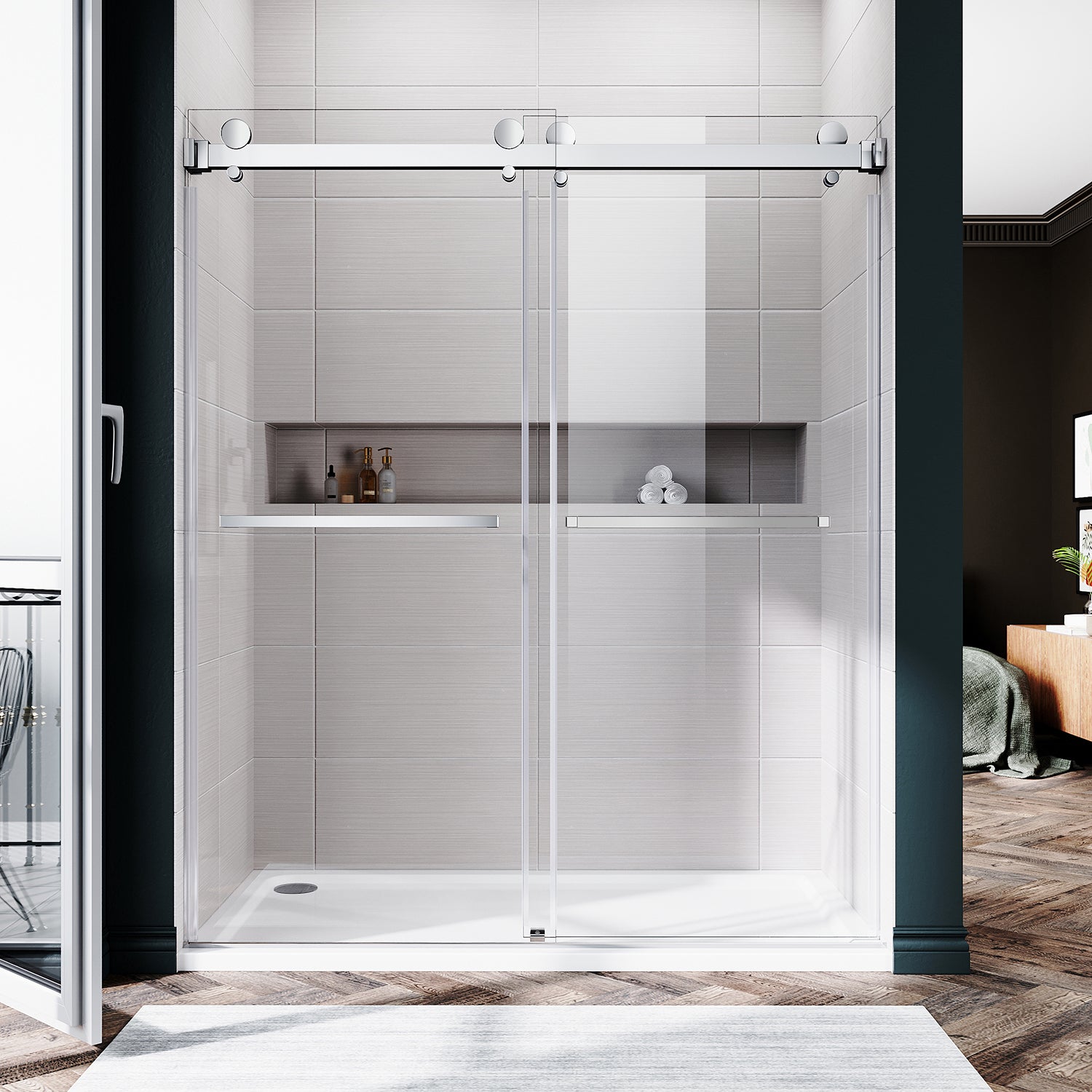 UKD01-56 to 60 in. W x 72 or 76in. 2FP H Double Sliding Frameless Shower Door, EnduroShield 3/8 in. Clear Glass