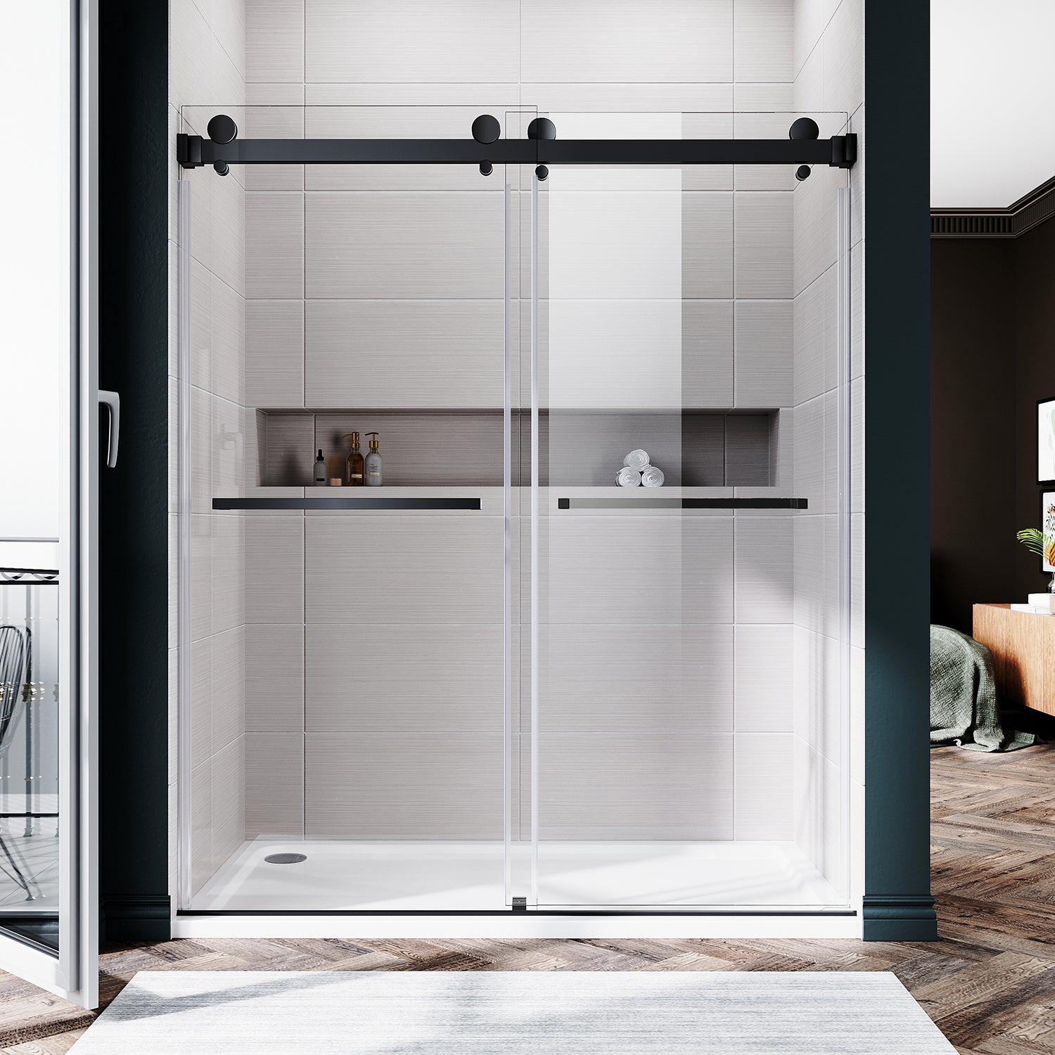 UKD01-56 to 60 in. W x 72 or 76in. 2FP H Double Sliding Frameless Shower Door, EnduroShield 3/8 in. Clear Glass