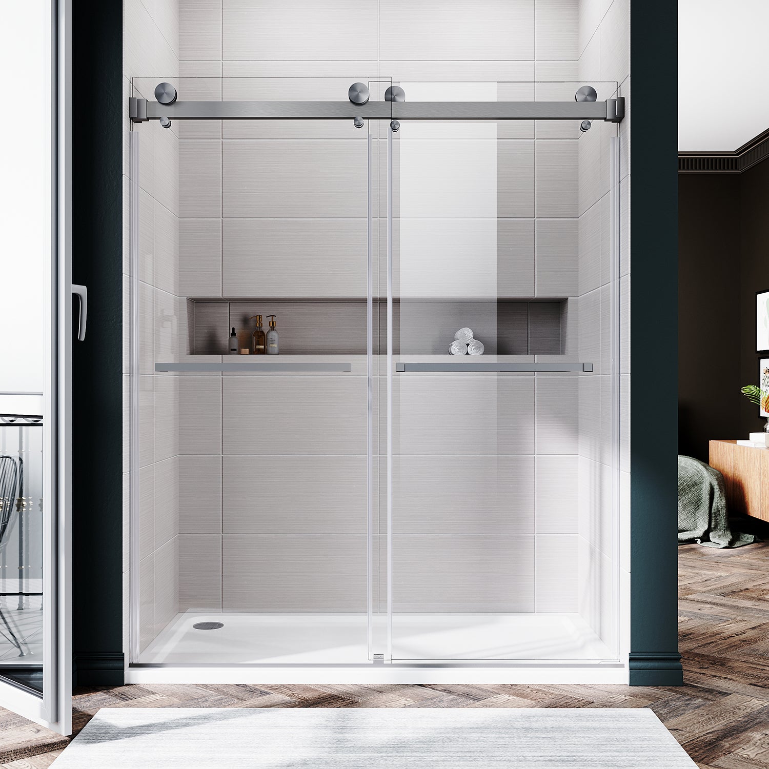 UKD01-56 to 60 in. W x 72 or 76in. 2FP H Double Sliding Frameless Shower Door, EnduroShield 3/8 in. Clear Glass