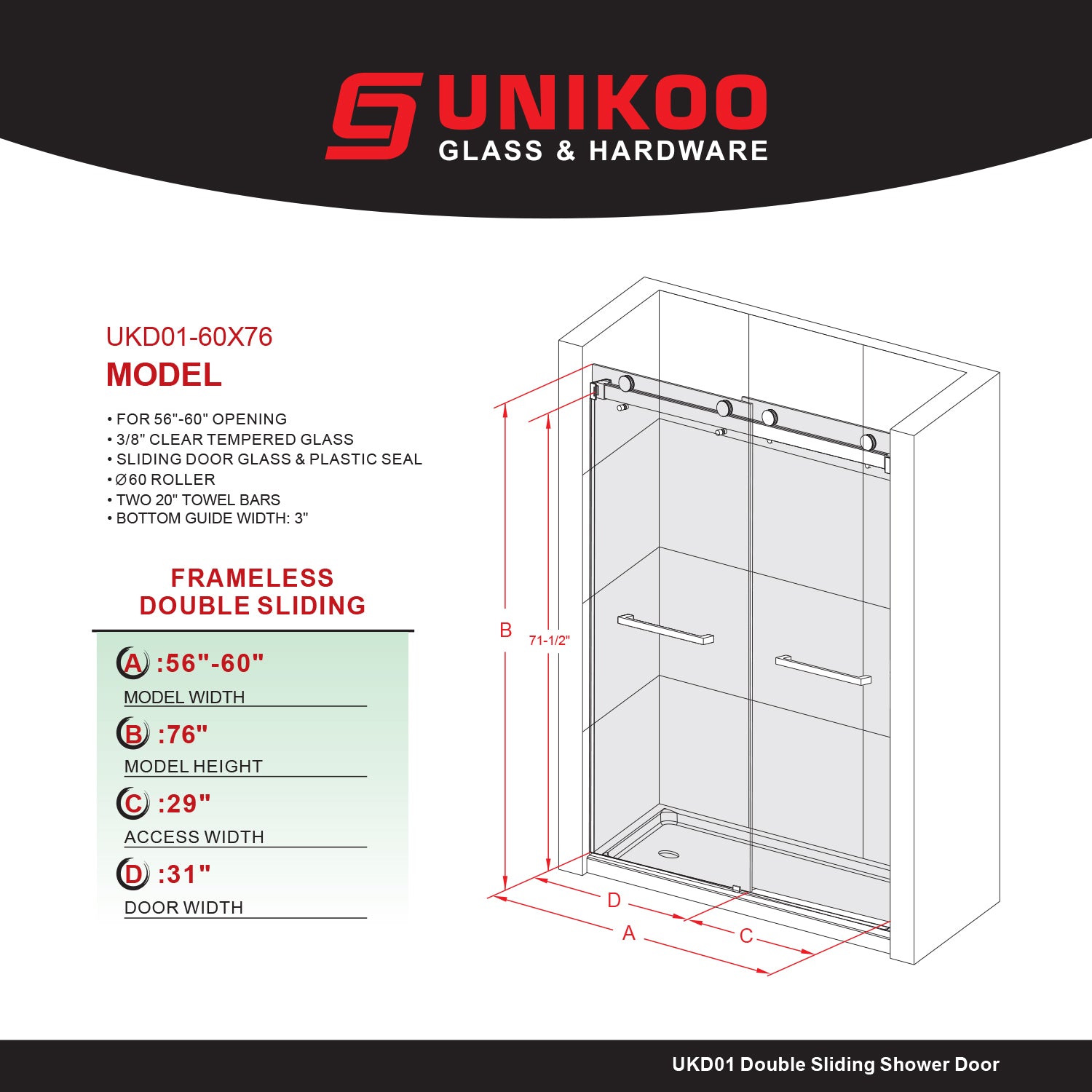 UKD01-56 to 60 in. W x 72 or 76in. 2FP H Double Sliding Frameless Shower Door, EnduroShield 3/8 in. Clear Glass