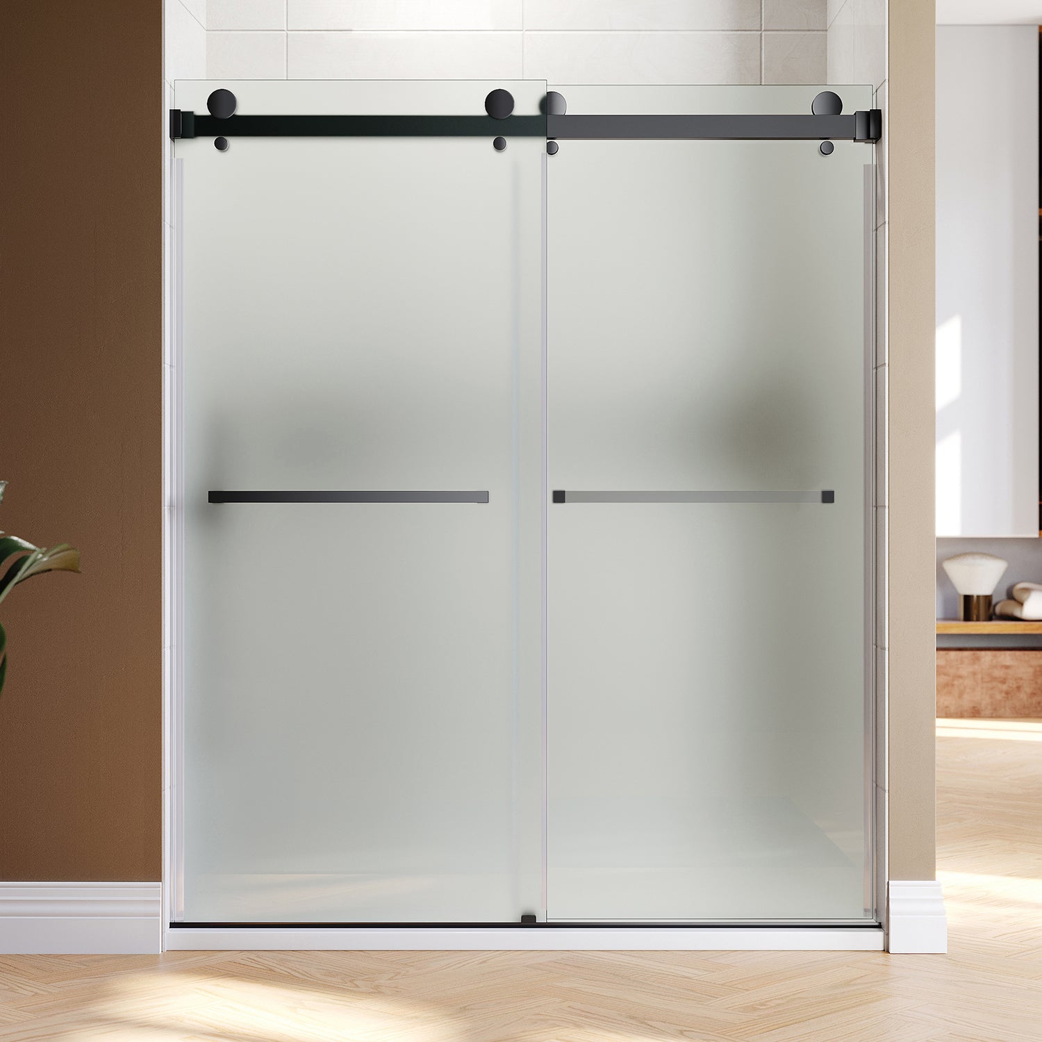UKD01-56 to 60 in. W x 80in. 2TB H Double Sliding Frameless Shower Door, EnduroShield 3/8 in. Different Glass